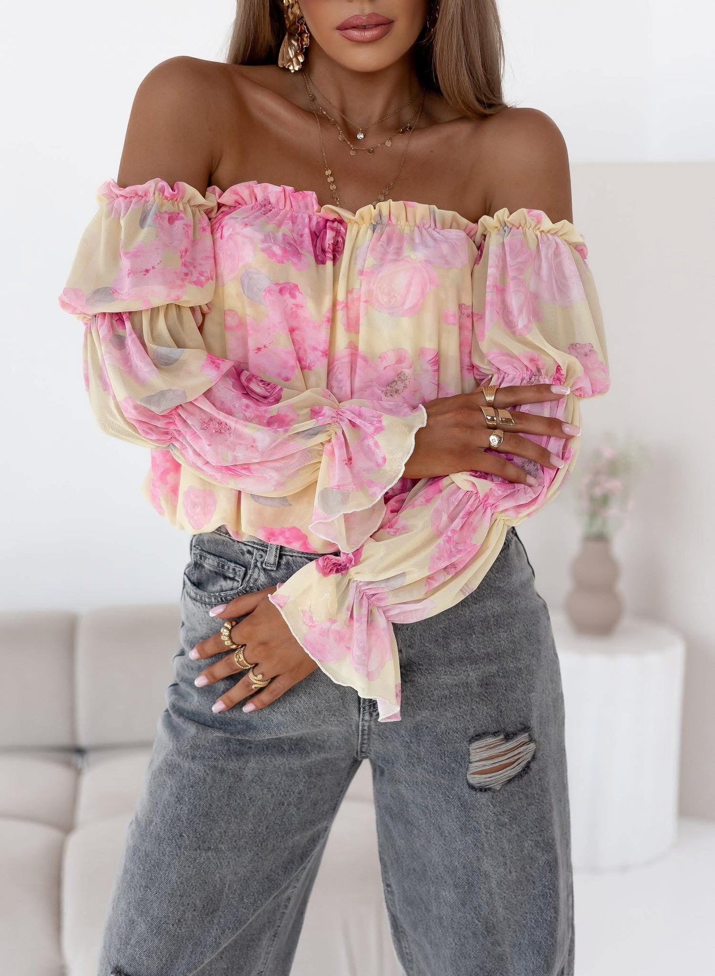 Off- Schoulder Damenbluse gelb- Blumen