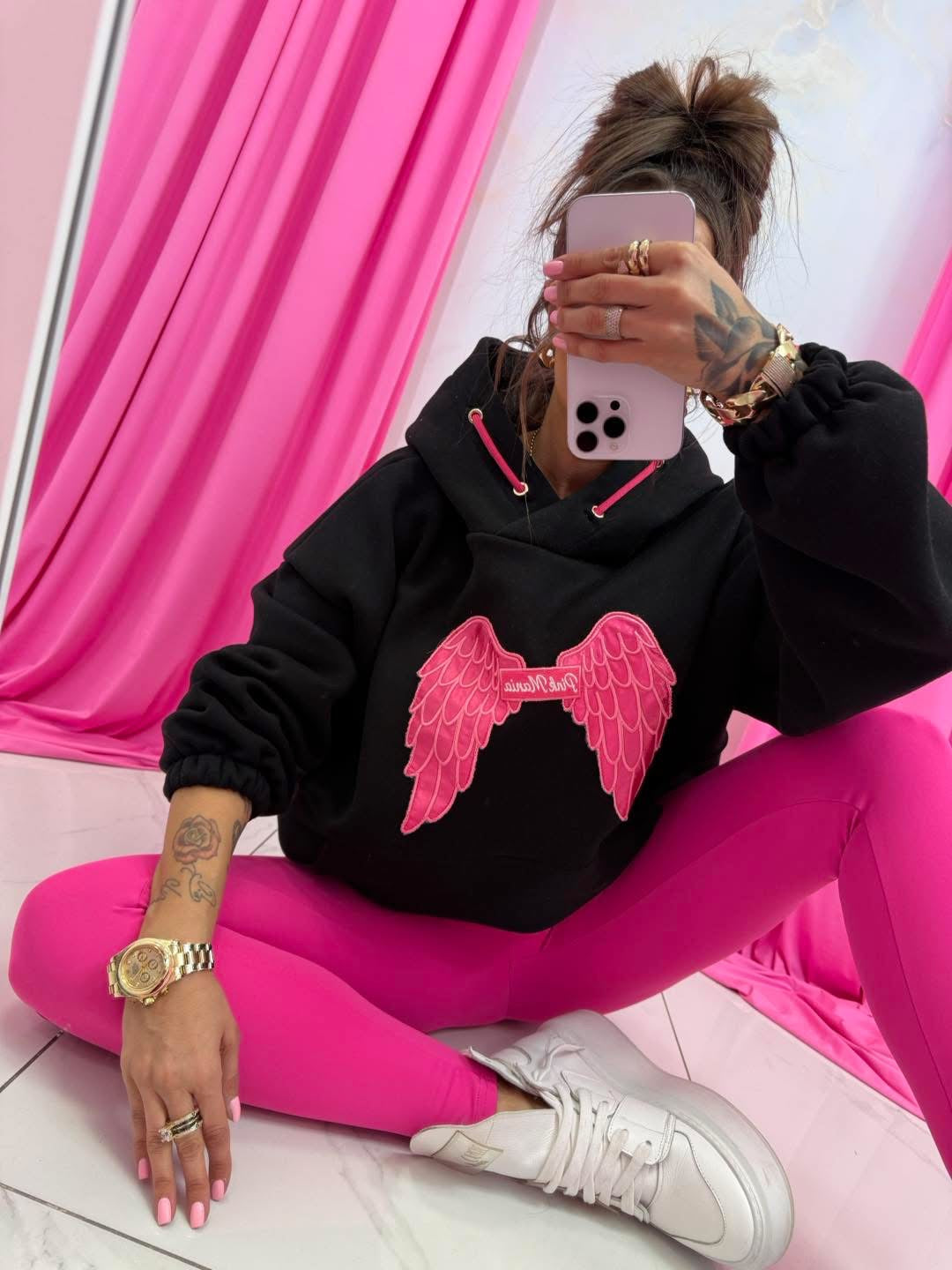 Damen Sweatshirt Hoodie Kapuzenpulli mit Flügel | Schwarz