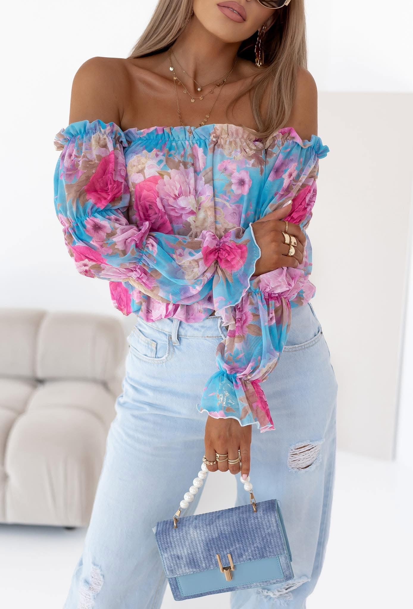 Off- Schoulder Damenbluse blau- Blumen
