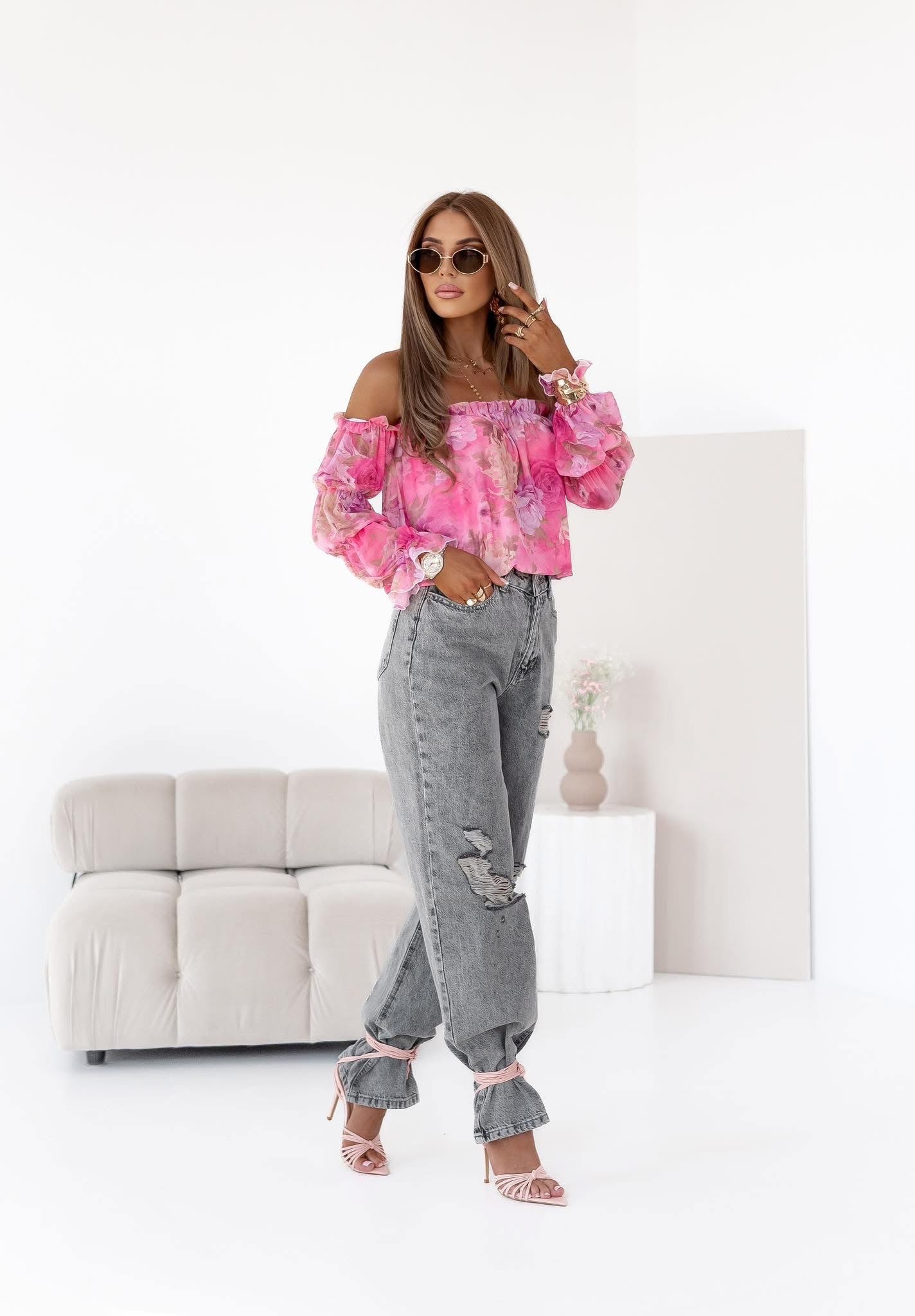 Off- Schoulder Damenbluse rot- Blumen