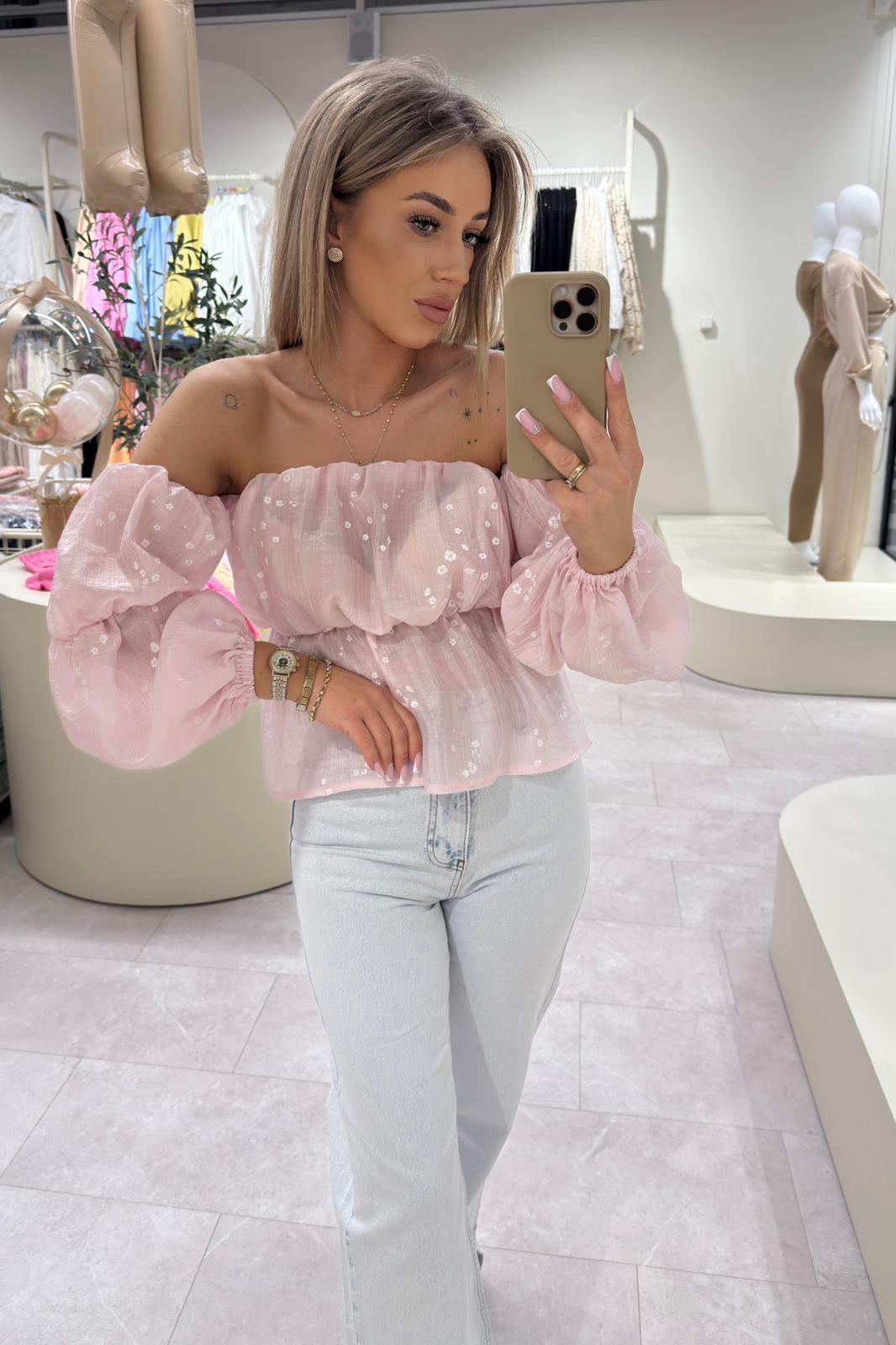 Off- Schoulder Damenbluse Blumen Rosa