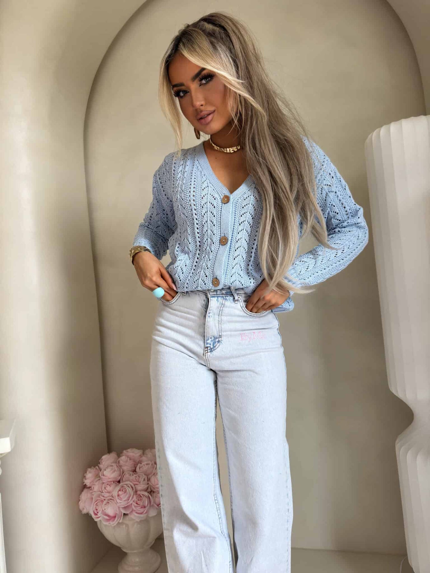 Strickjacke Strickpullover WOOD BY ME Hellblau