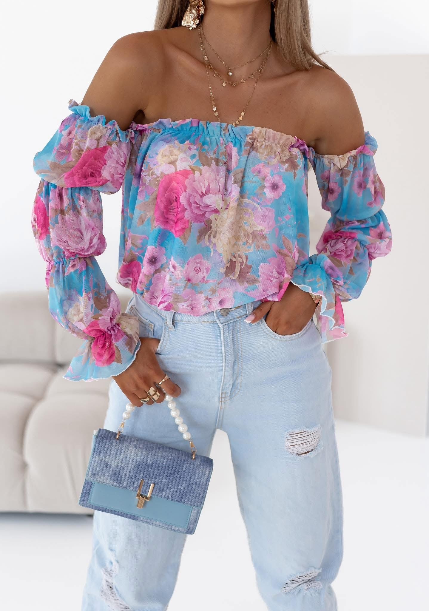 Off- Schoulder Damenbluse blau- Blumen