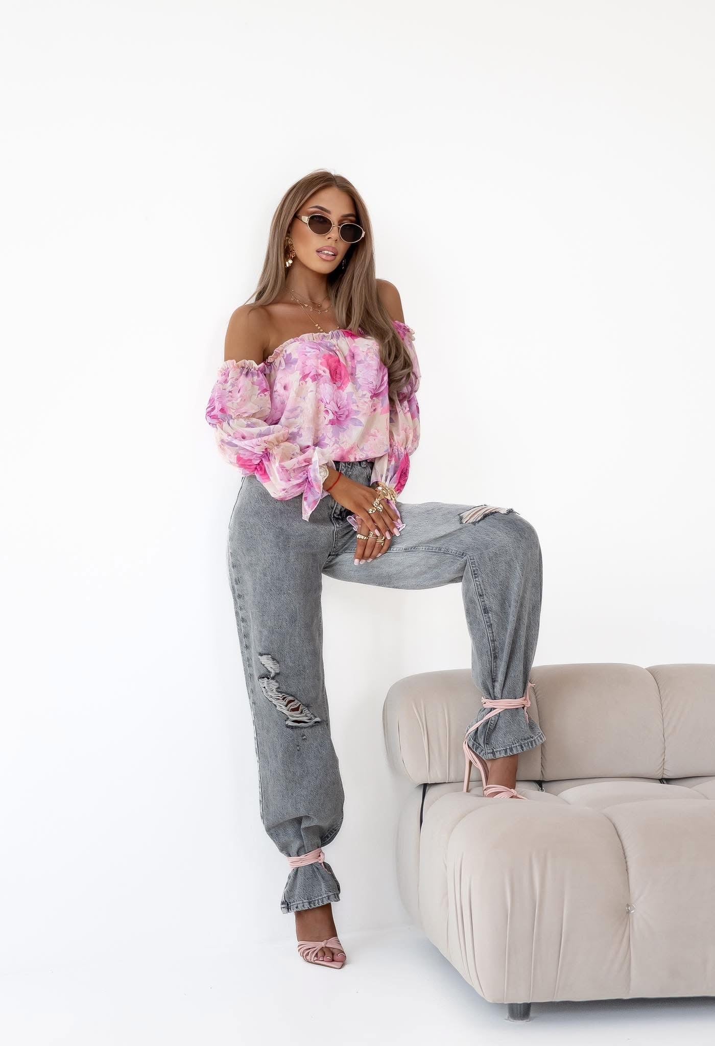 Off- Schoulder Damenbluse lila- Blumen
