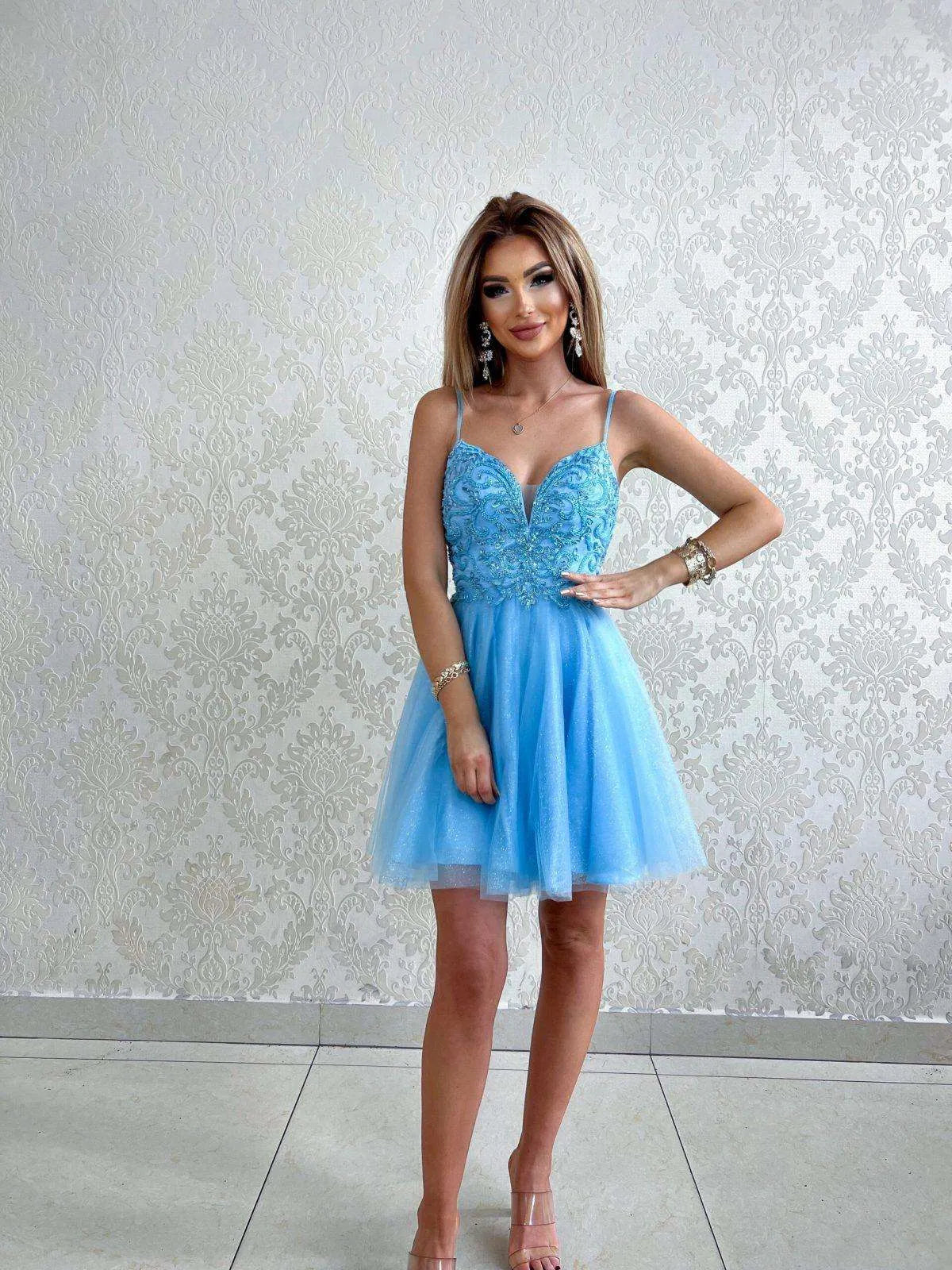 Abendkleid hellblau Glitzer