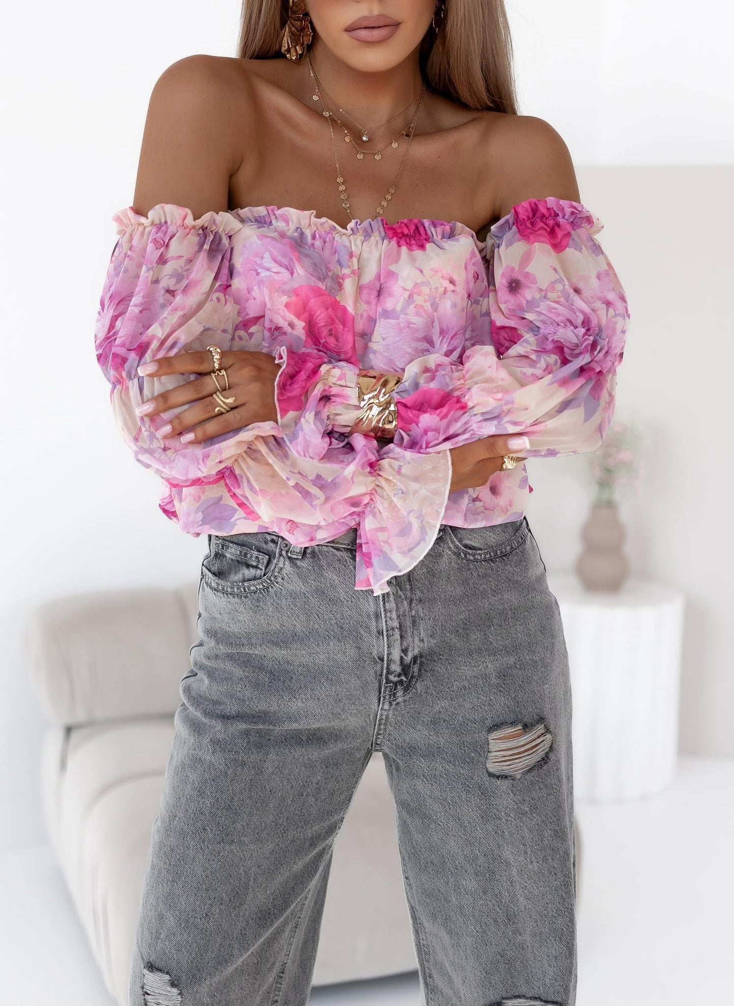 Off- Schoulder Damenbluse lila- Blumen