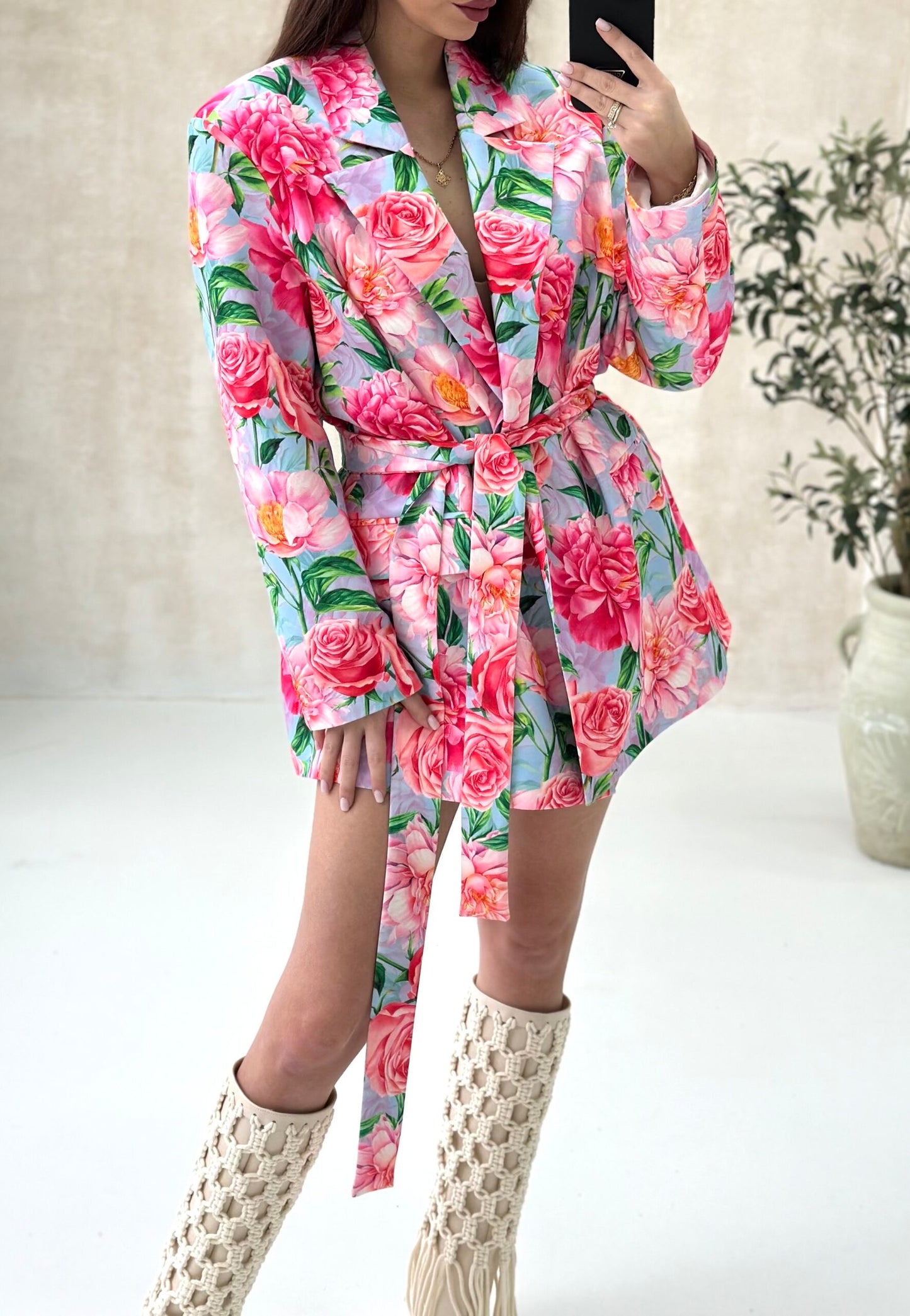 Blazer- Kleid Blumen Turkus
