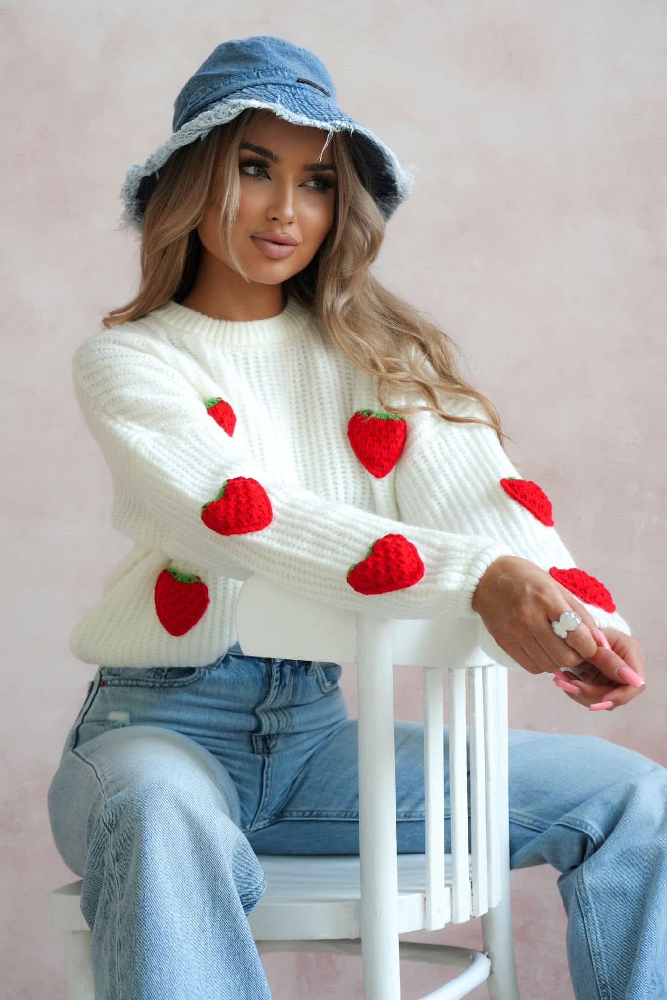 Strickpullover Damen Erdbeere-Muster Damen Oversize Pullover Ecru