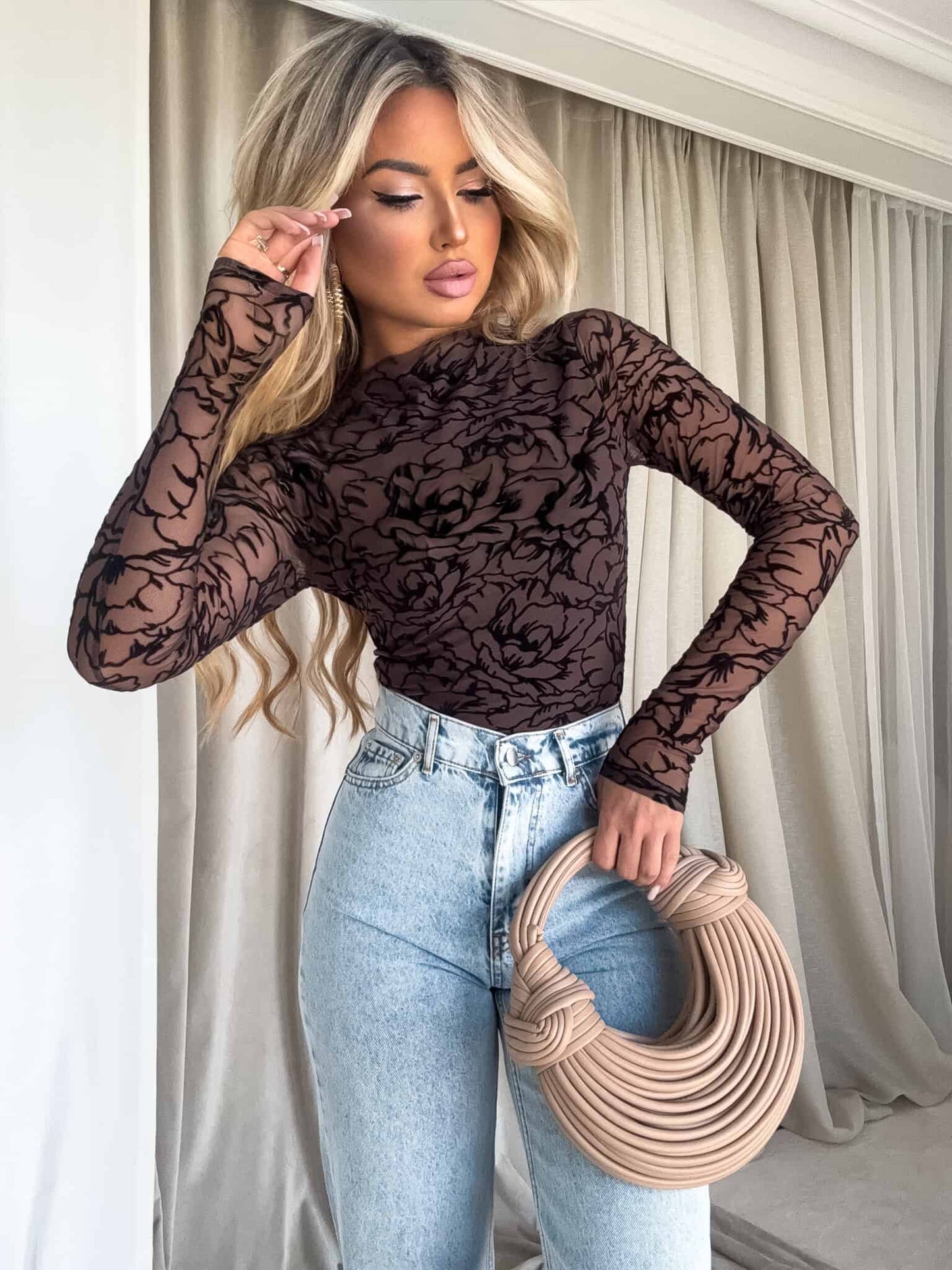 Damenbluse SKIN transparent print rose – Schoko