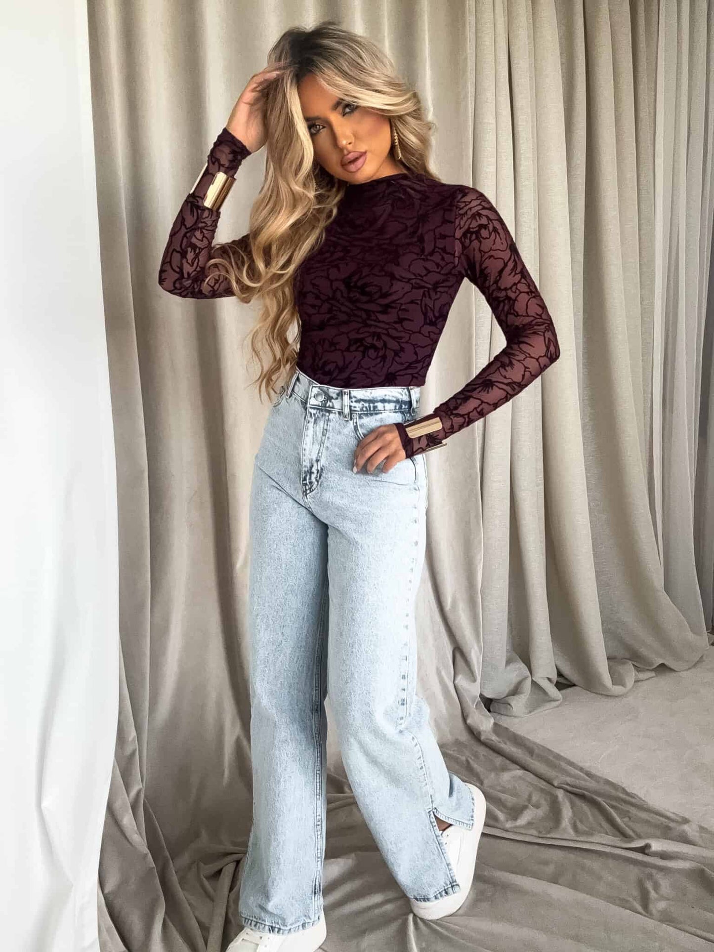 Damenbluse SKIN transparent print rose – Bordeaux