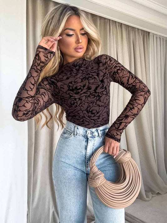 Damenbluse SKIN transparent print rose – Schoko