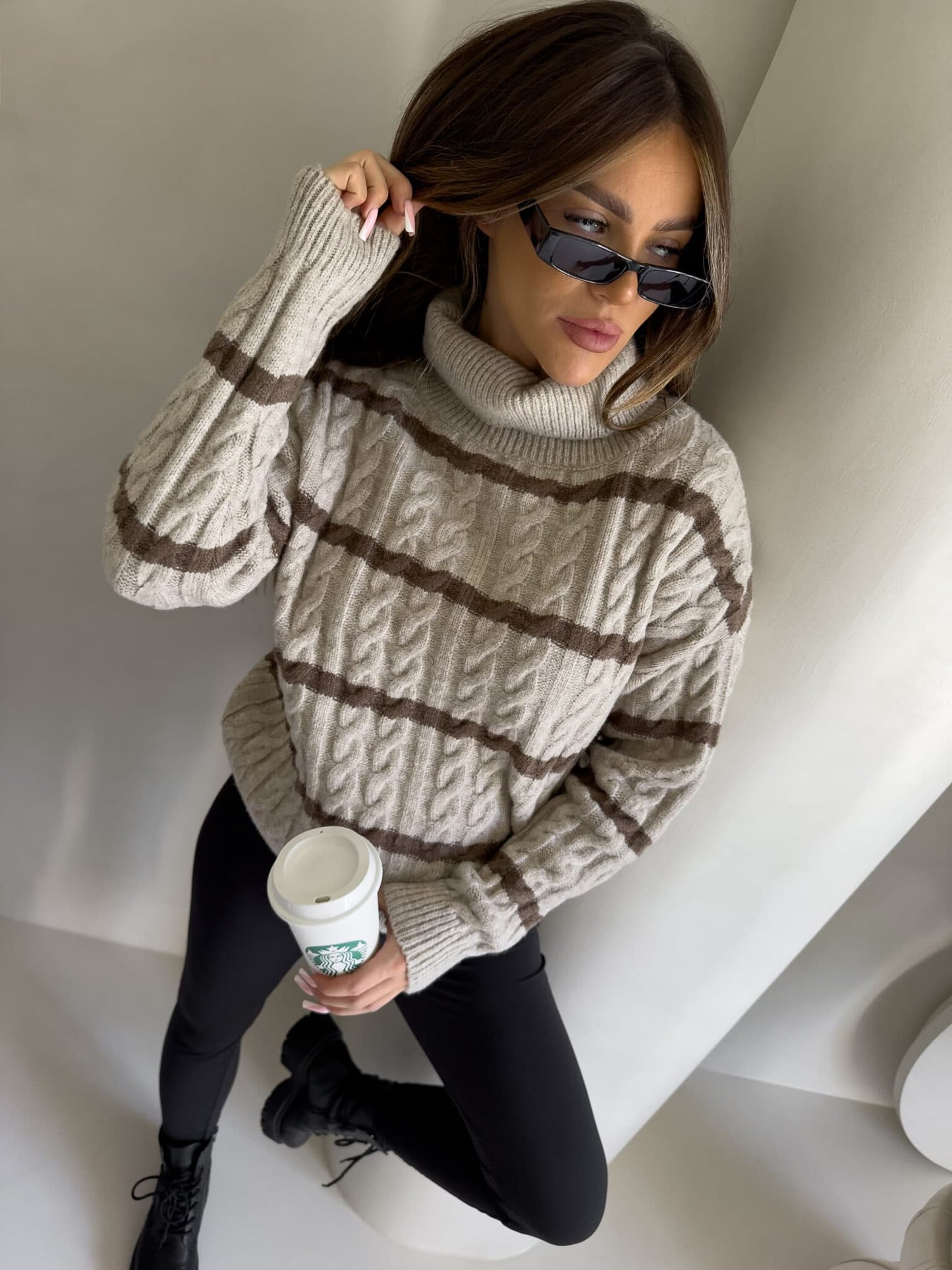 Rollkragenpullover INKO Streifen- beige-Schoko