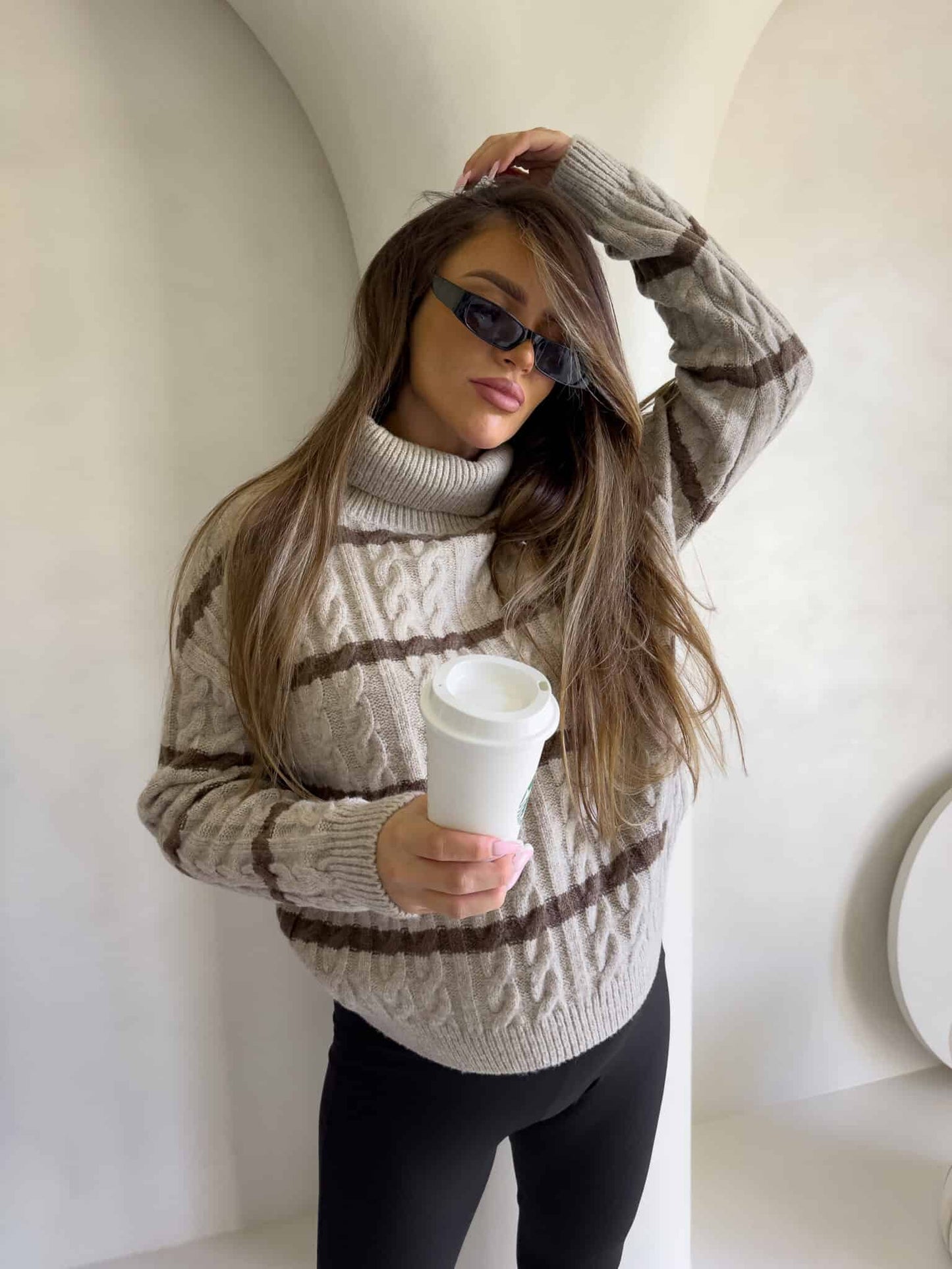 Rollkragenpullover INKO Streifen- beige-Schoko
