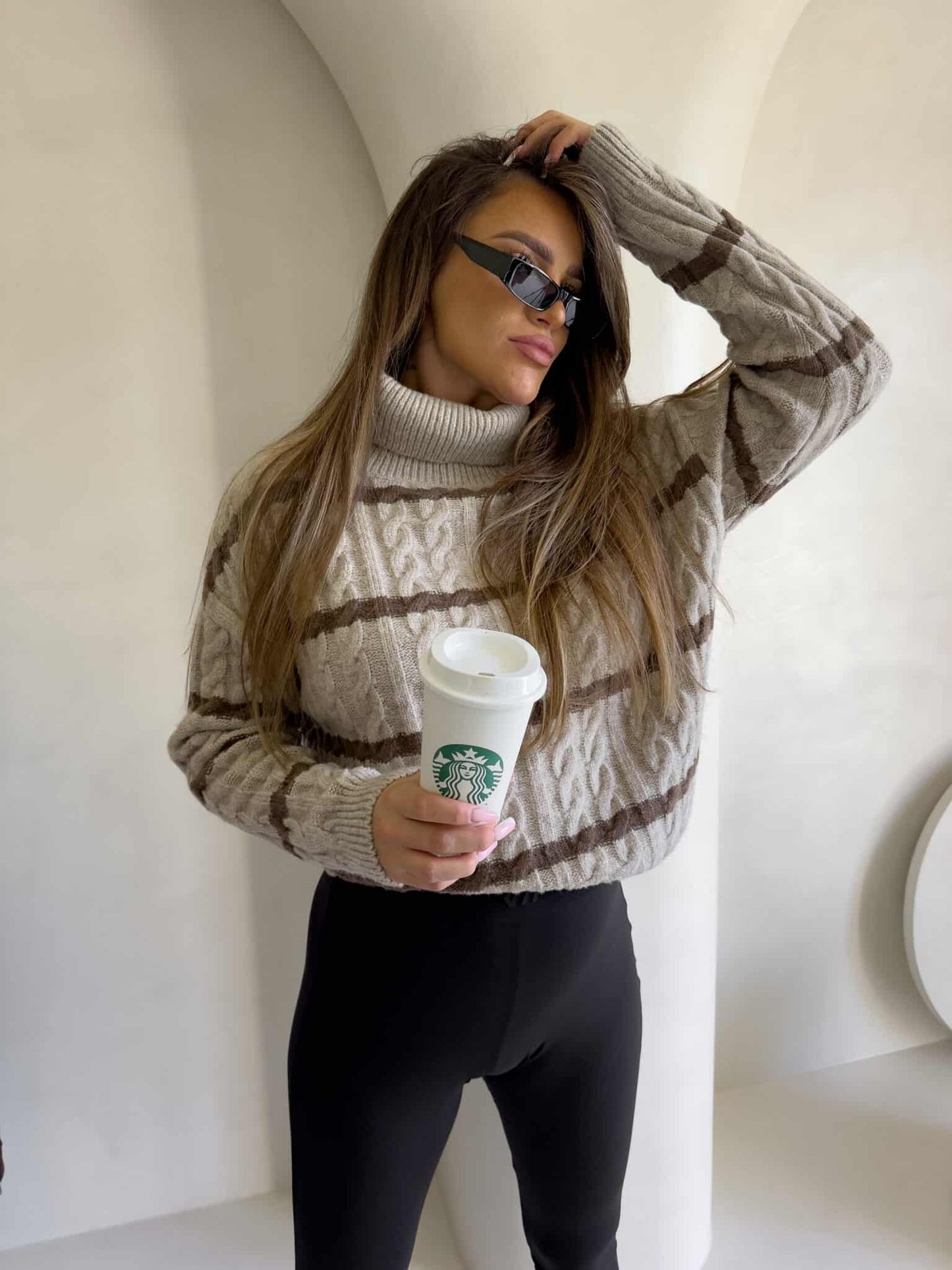 Rollkragenpullover INKO Streifen- beige-Schoko