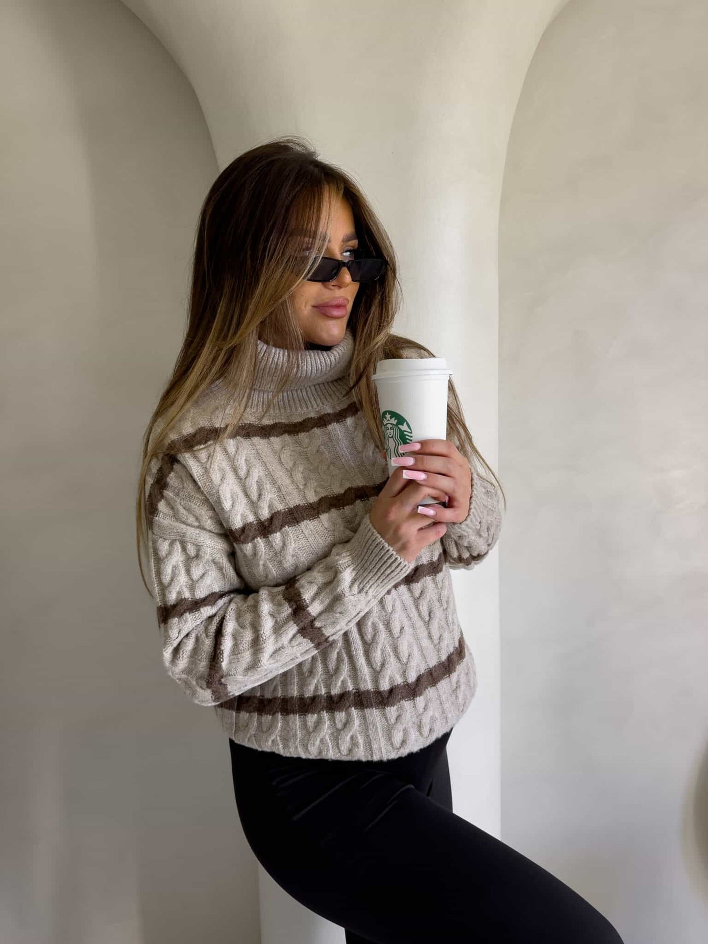 Rollkragenpullover INKO Streifen- beige-Schoko