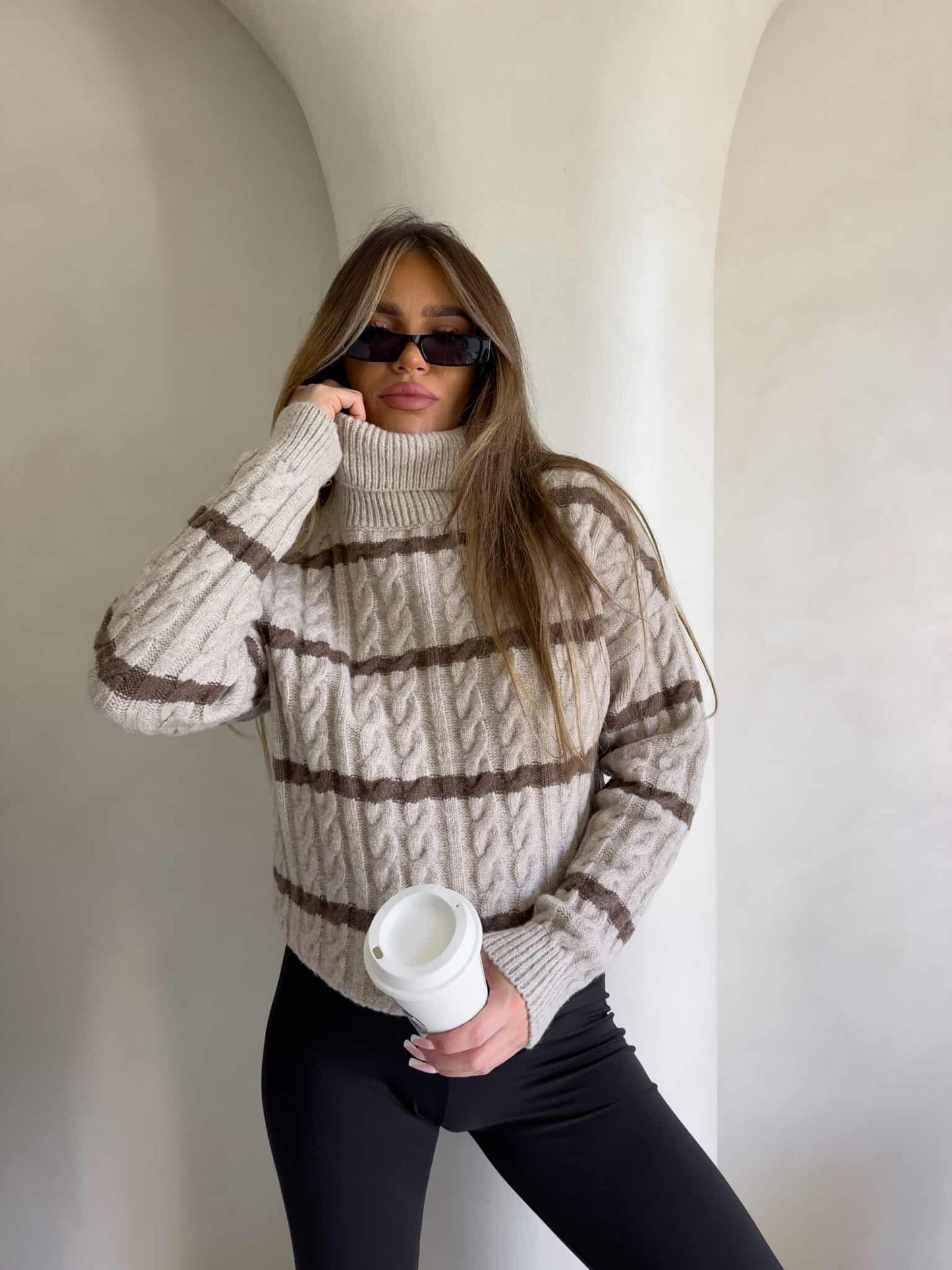 Rollkragenpullover INKO Streifen- beige-Schoko