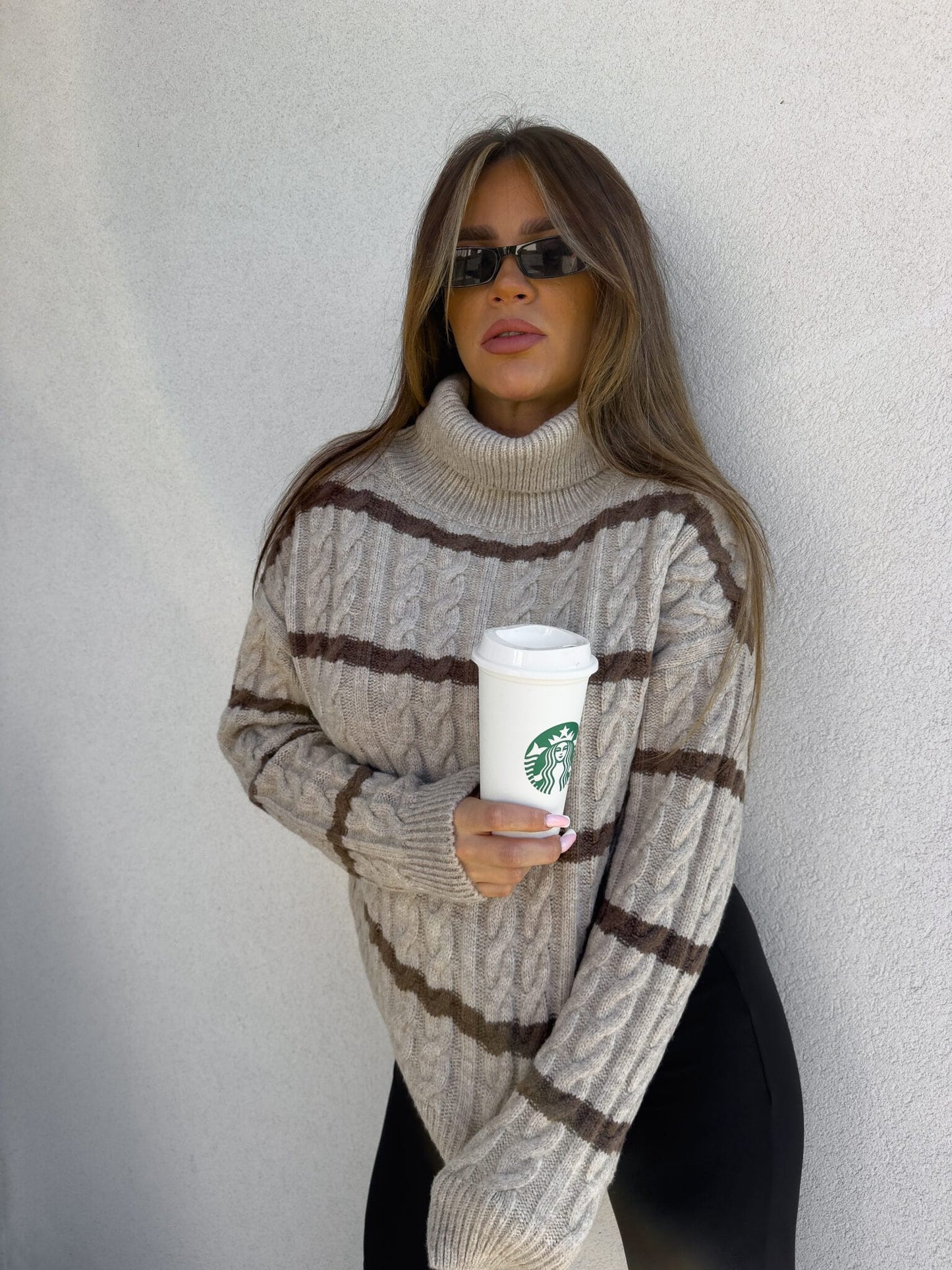 Rollkragenpullover INKO Streifen- beige-Schoko