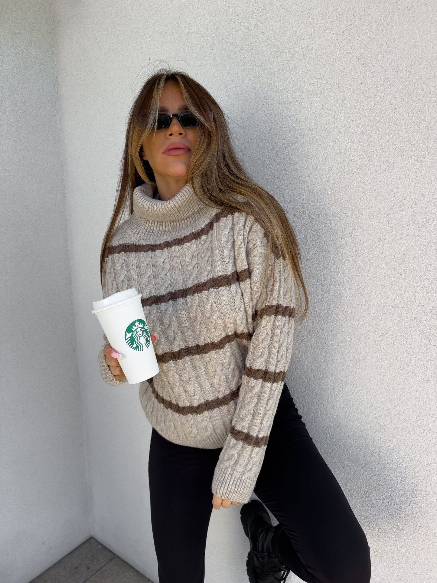 Rollkragenpullover INKO Streifen- beige-Schoko