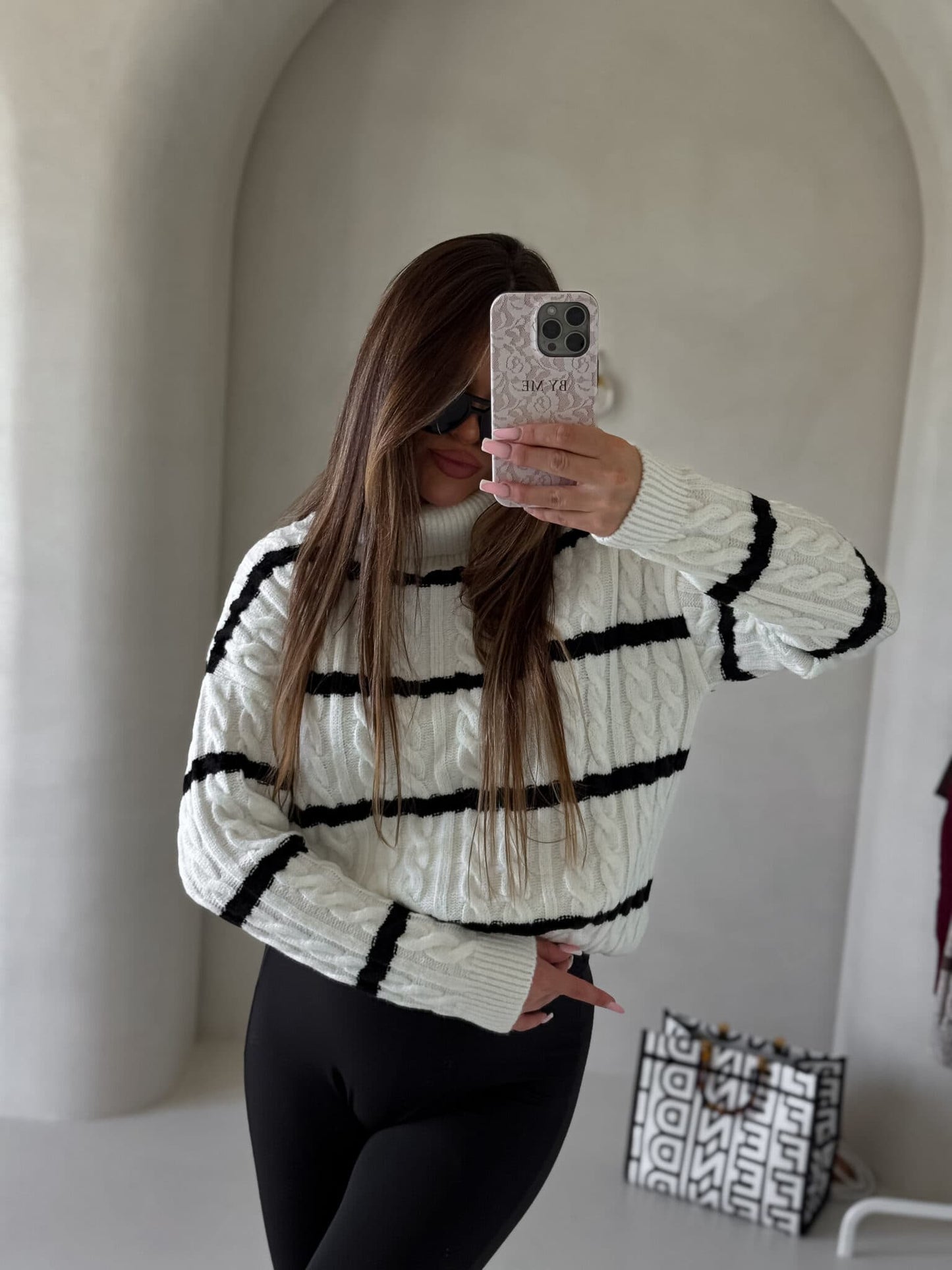 Rollkragenpullover INKO Streifen- ecru-schwarz