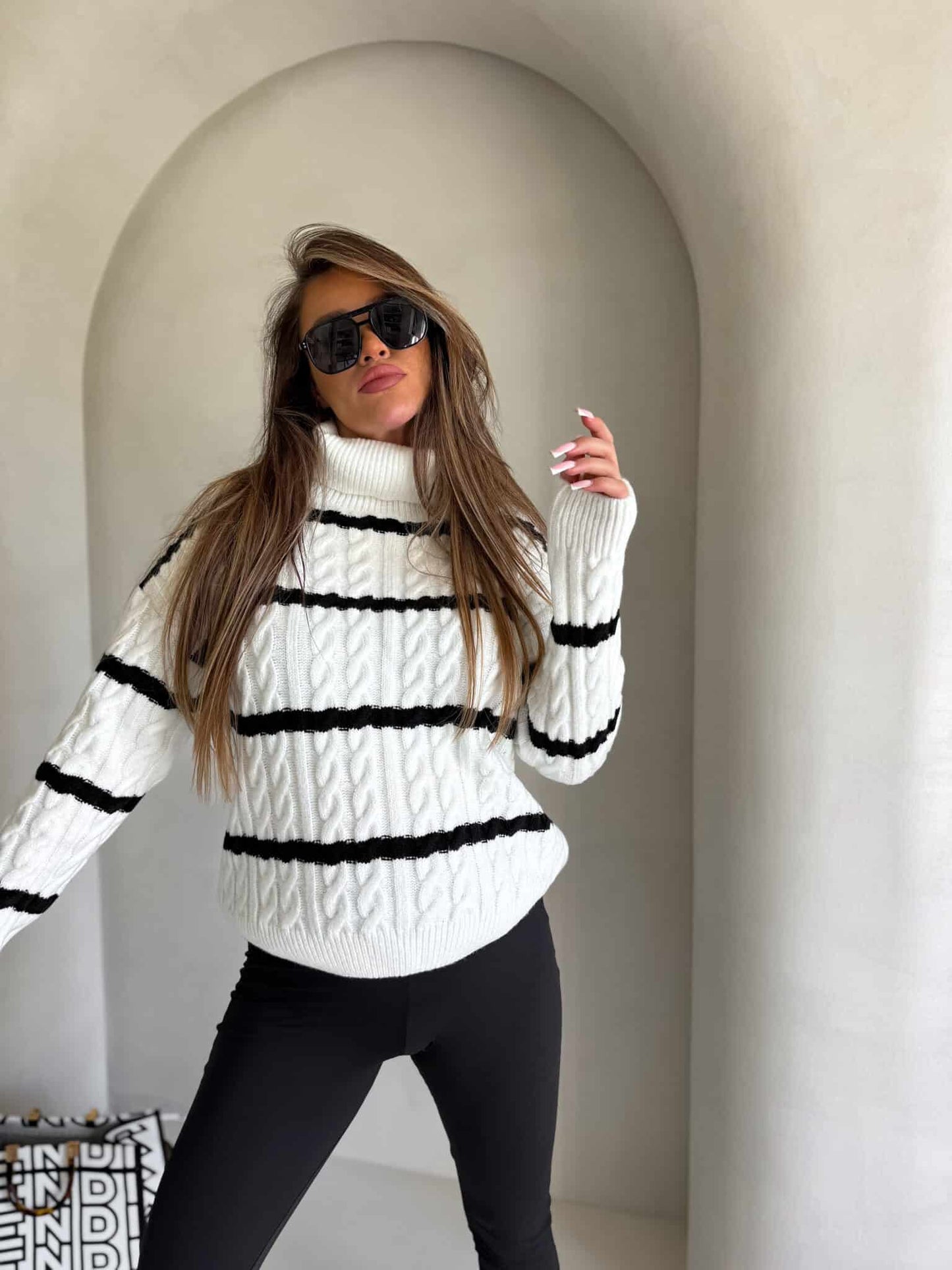 Rollkragenpullover INKO Streifen- ecru-schwarz