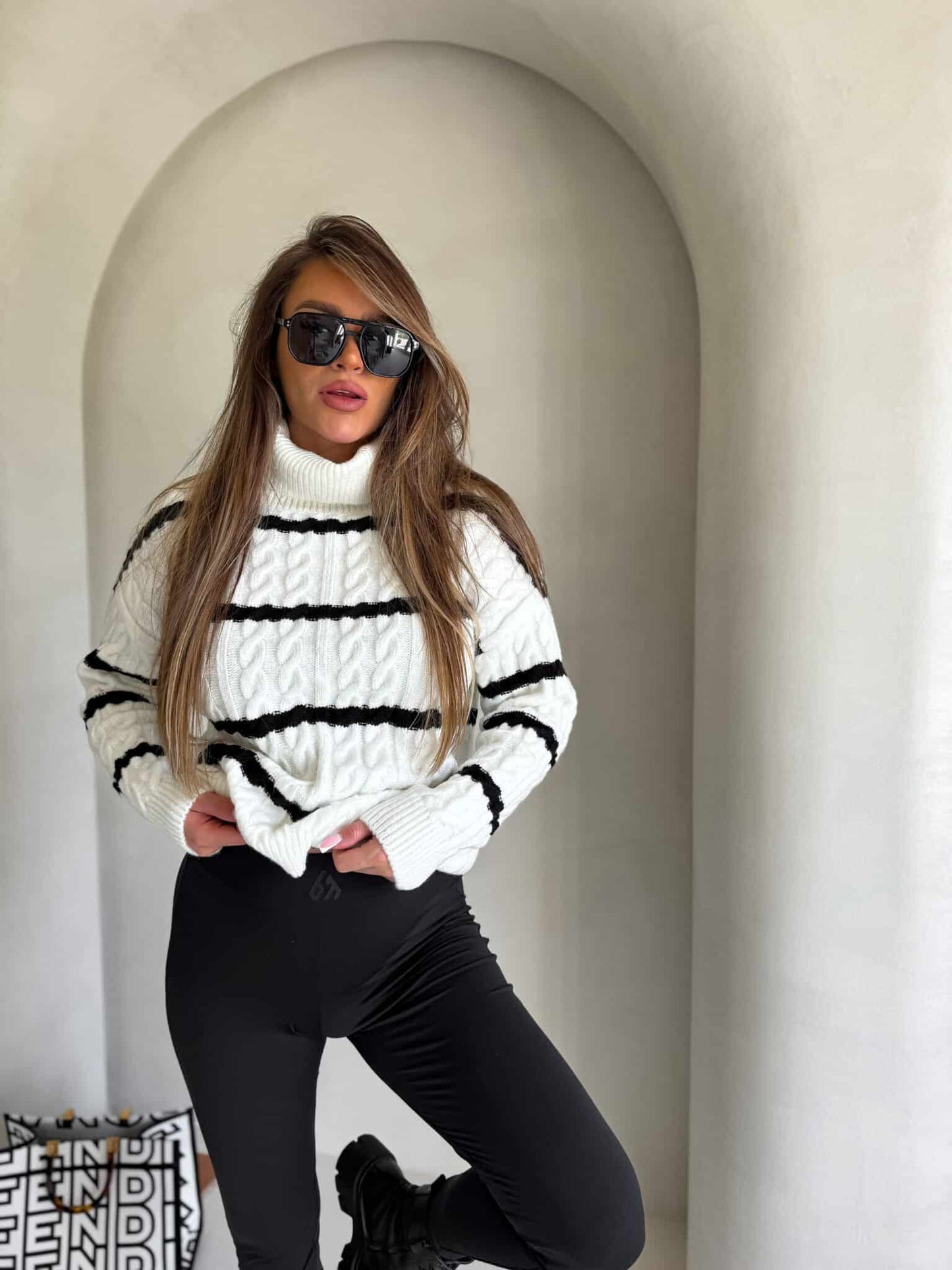Rollkragenpullover INKO Streifen- ecru-schwarz