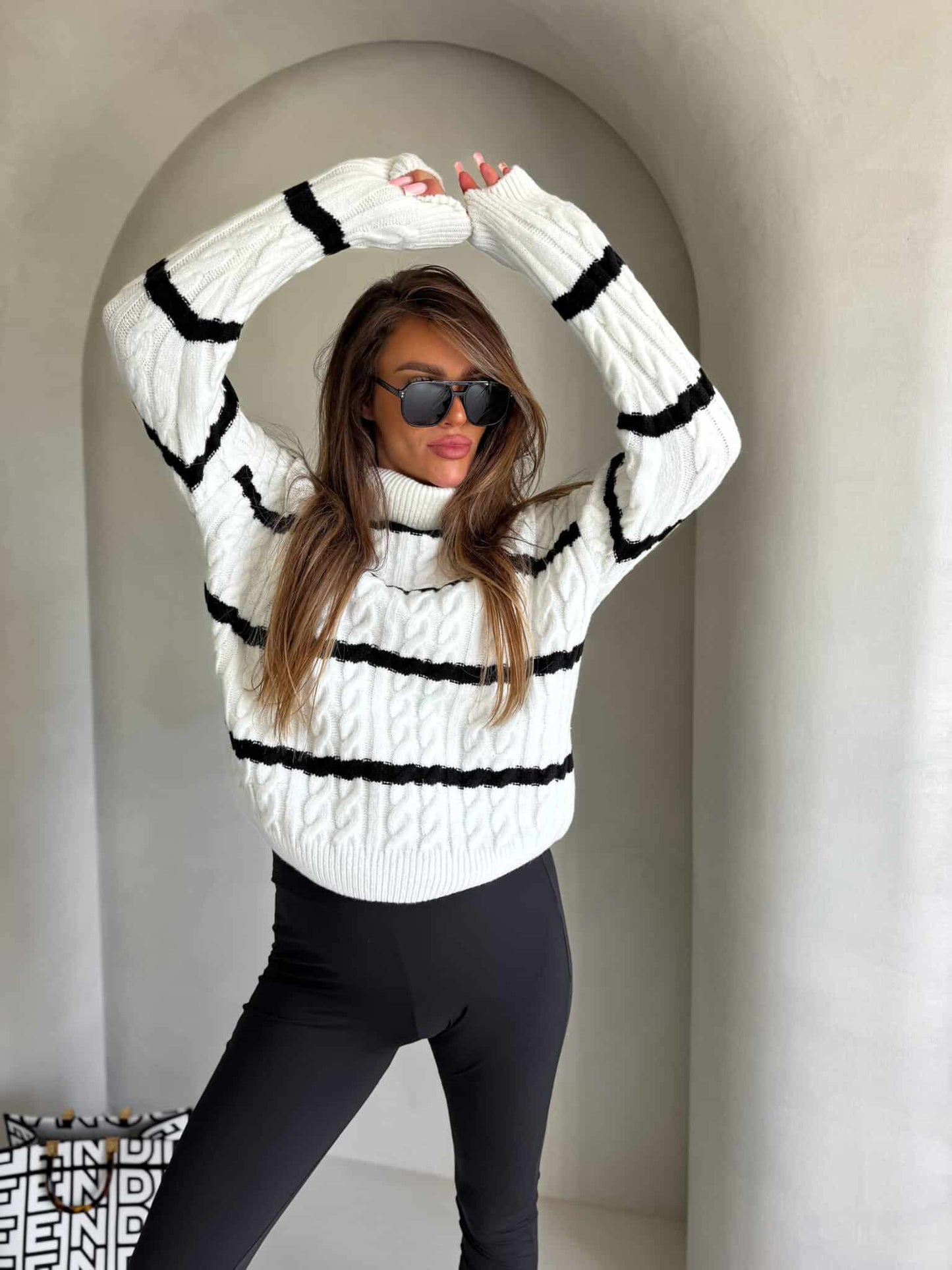 Rollkragenpullover INKO Streifen- ecru-schwarz