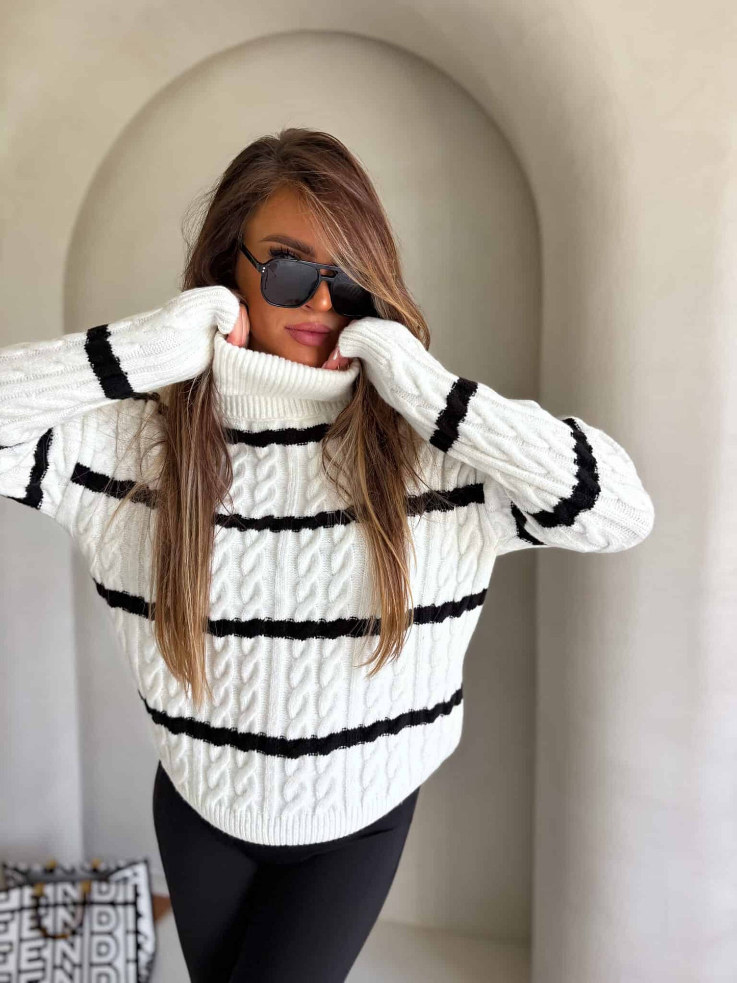 Rollkragenpullover INKO Streifen- ecru-schwarz