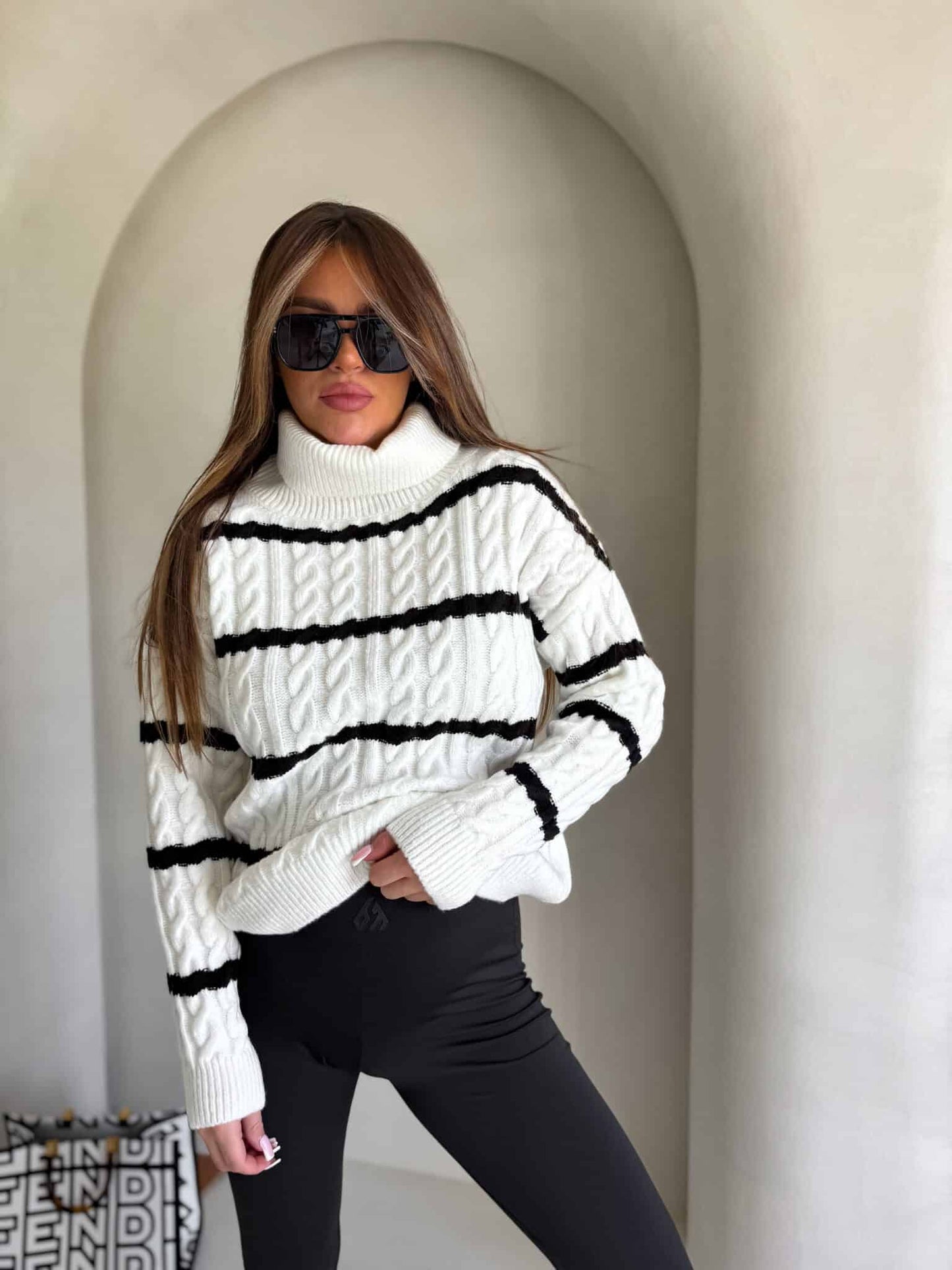 Rollkragenpullover INKO Streifen- ecru-schwarz