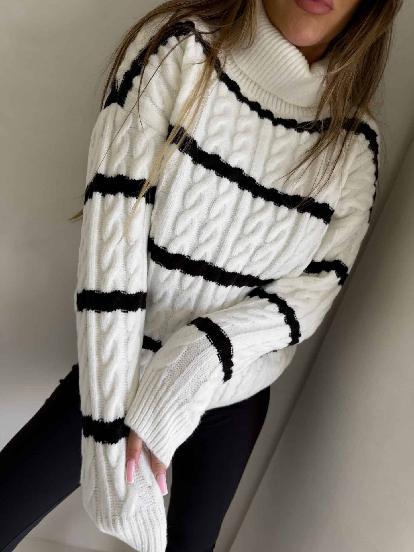 Rollkragenpullover INKO Streifen- ecru-schwarz