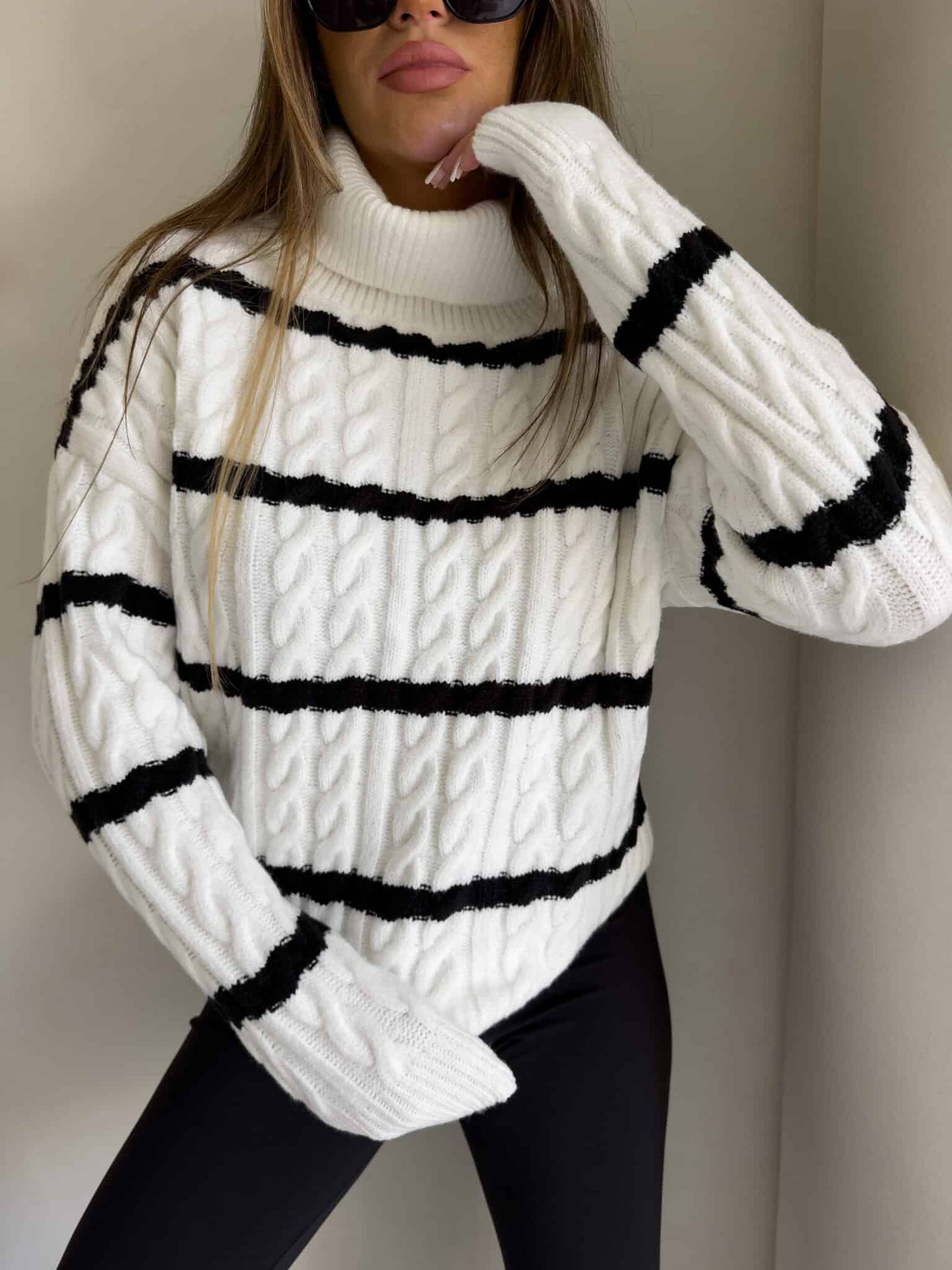 Rollkragenpullover INKO Streifen- ecru-schwarz