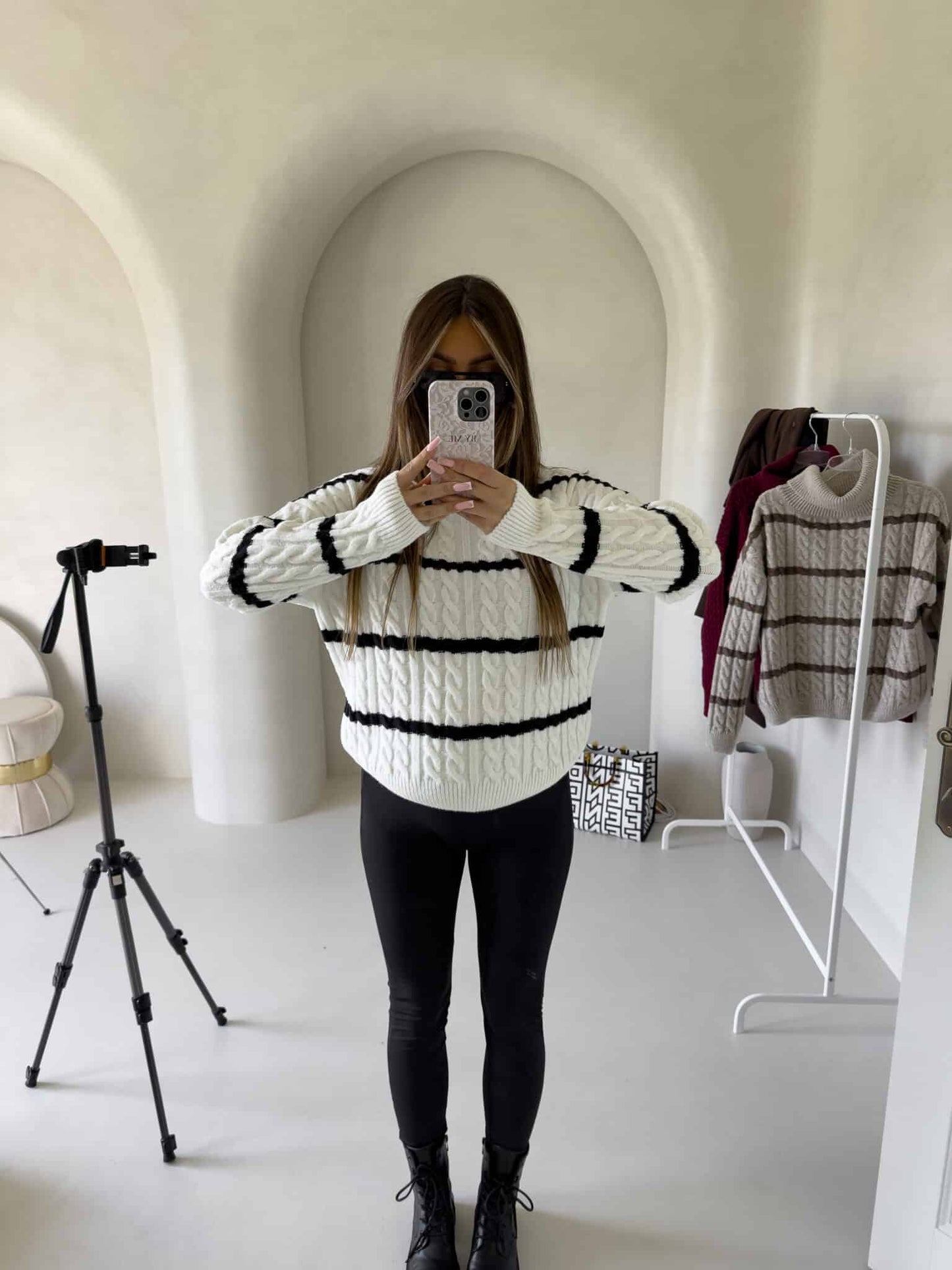 Rollkragenpullover INKO Streifen- ecru-schwarz