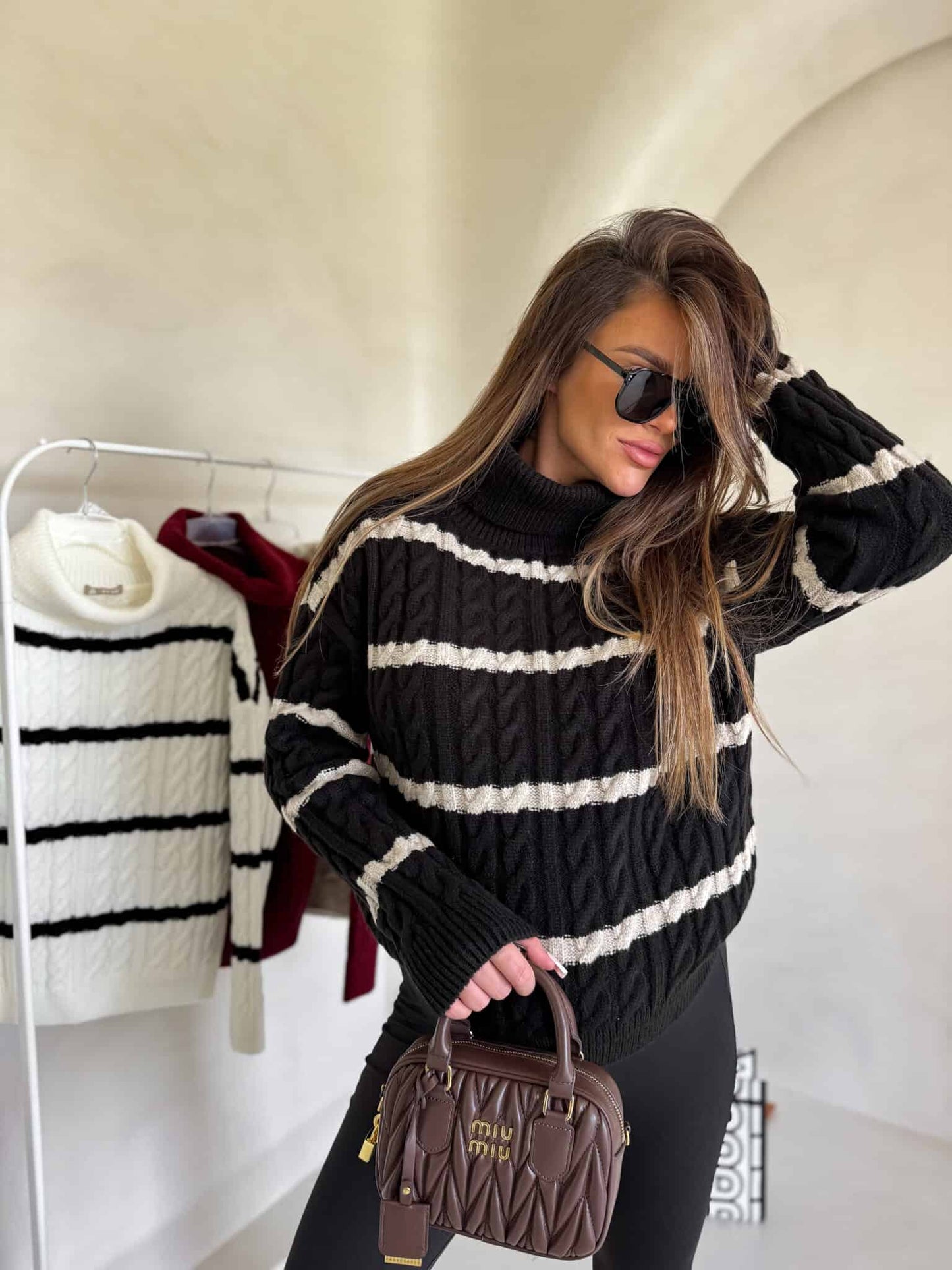 Rollkragenpullover INKO Streifen - schwarz -beige