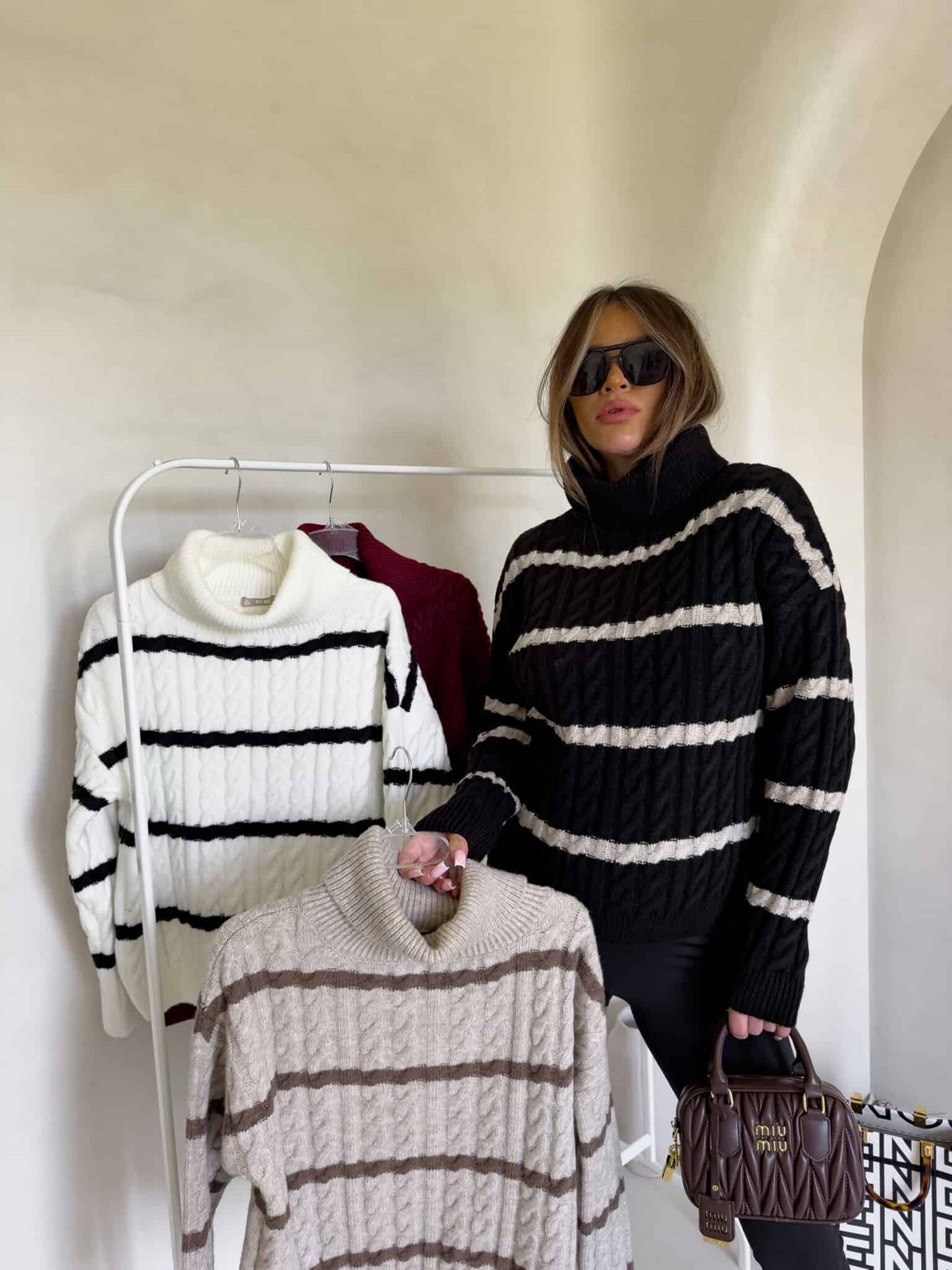 Rollkragenpullover INKO Streifen - schwarz -beige
