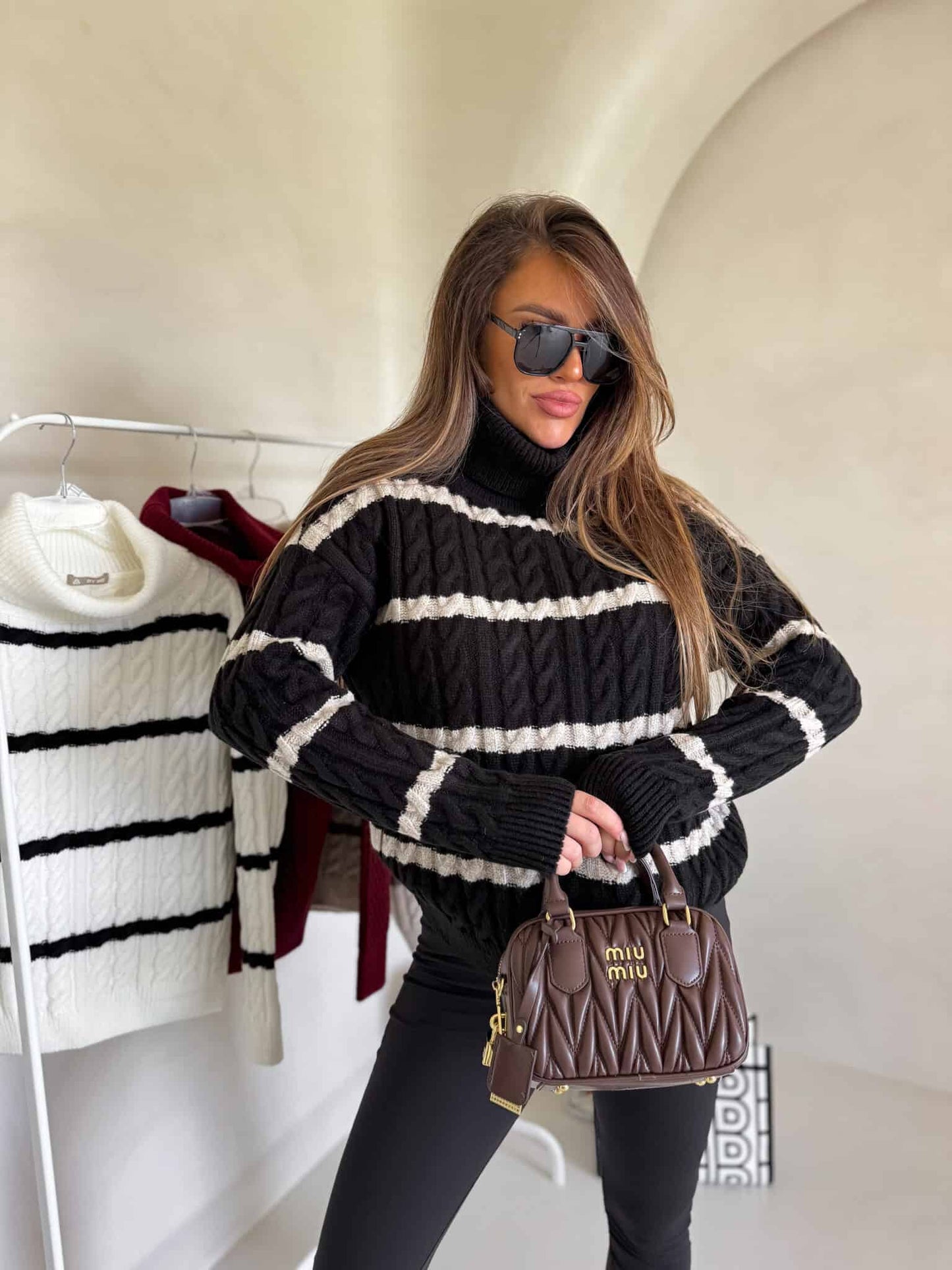 Rollkragenpullover INKO Streifen - schwarz -beige