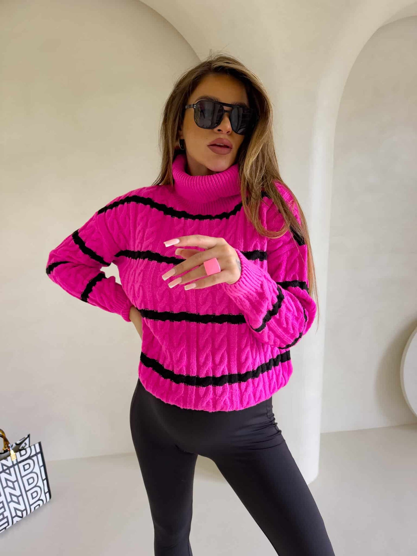 Rollkragenpullover INKO Streifen- Pink