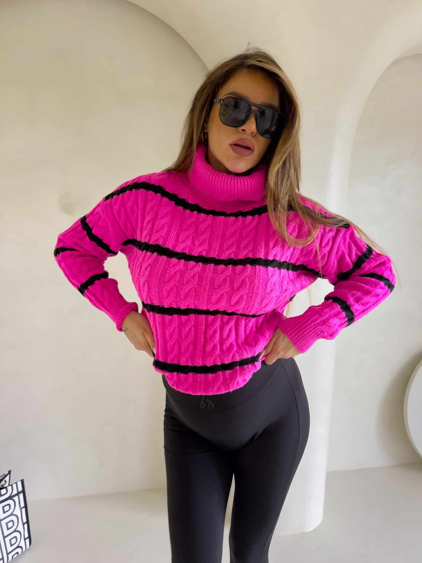 Rollkragenpullover INKO Streifen- Pink