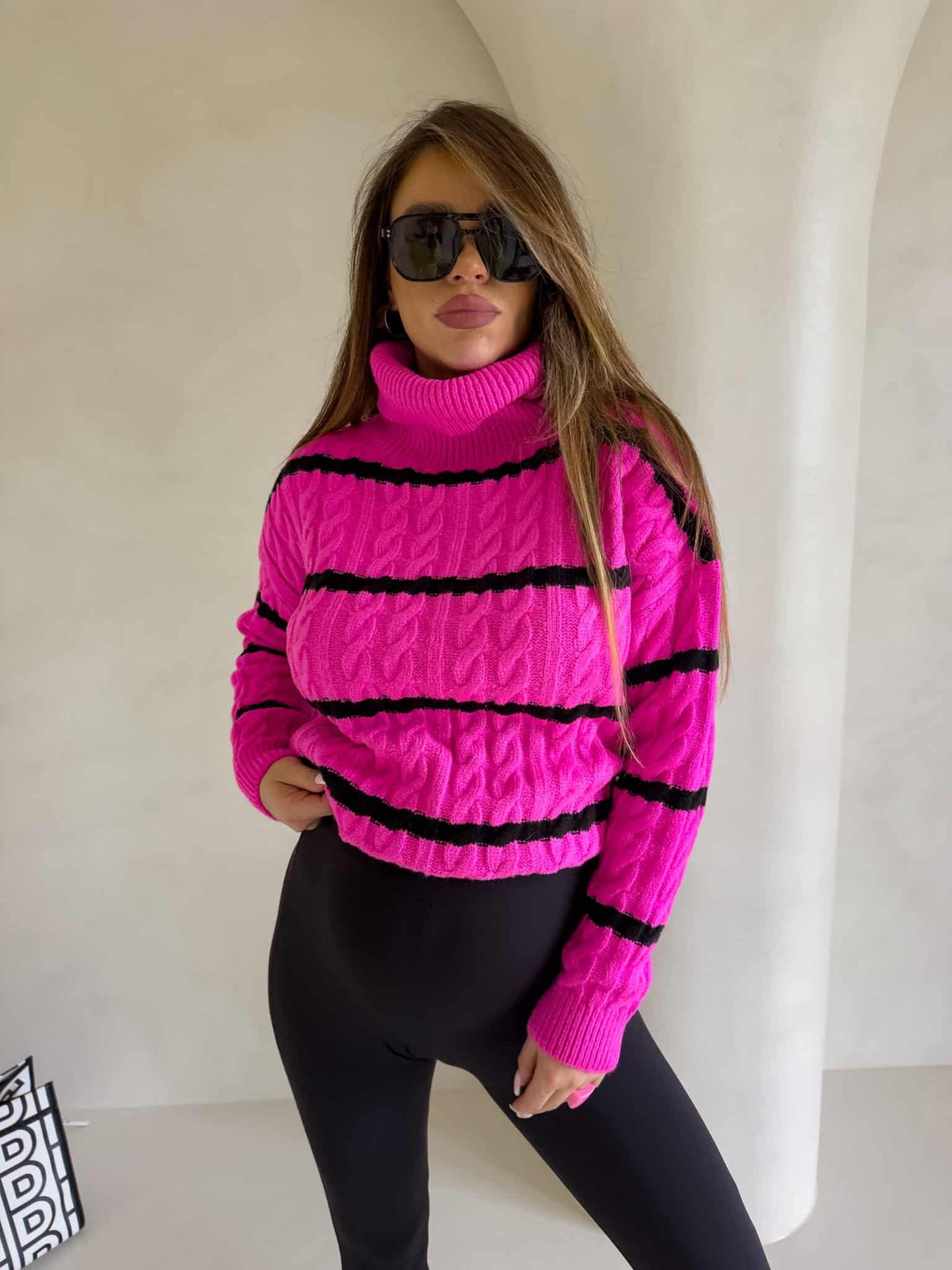 Rollkragenpullover INKO Streifen- Pink