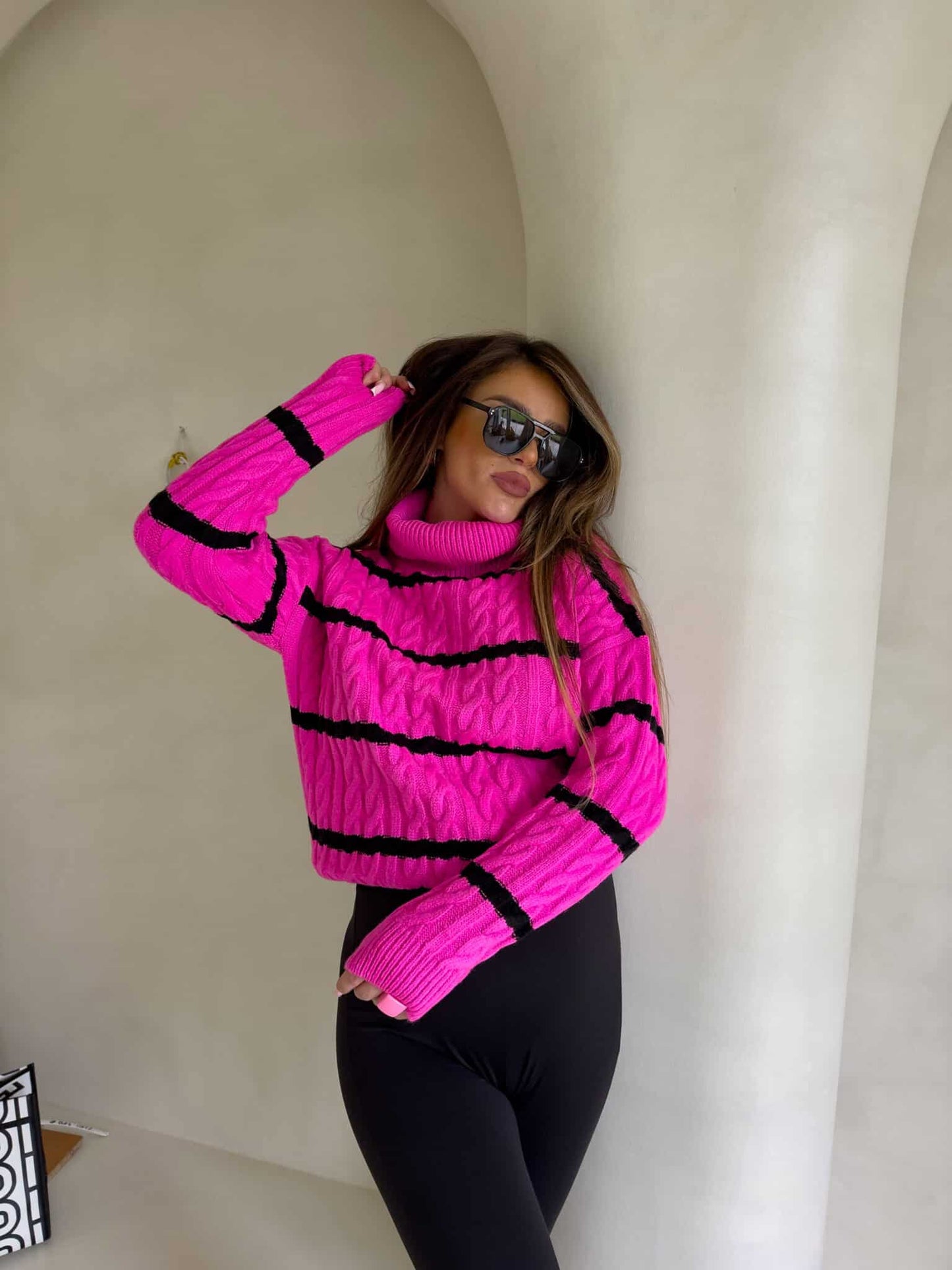 Rollkragenpullover INKO Streifen- Pink