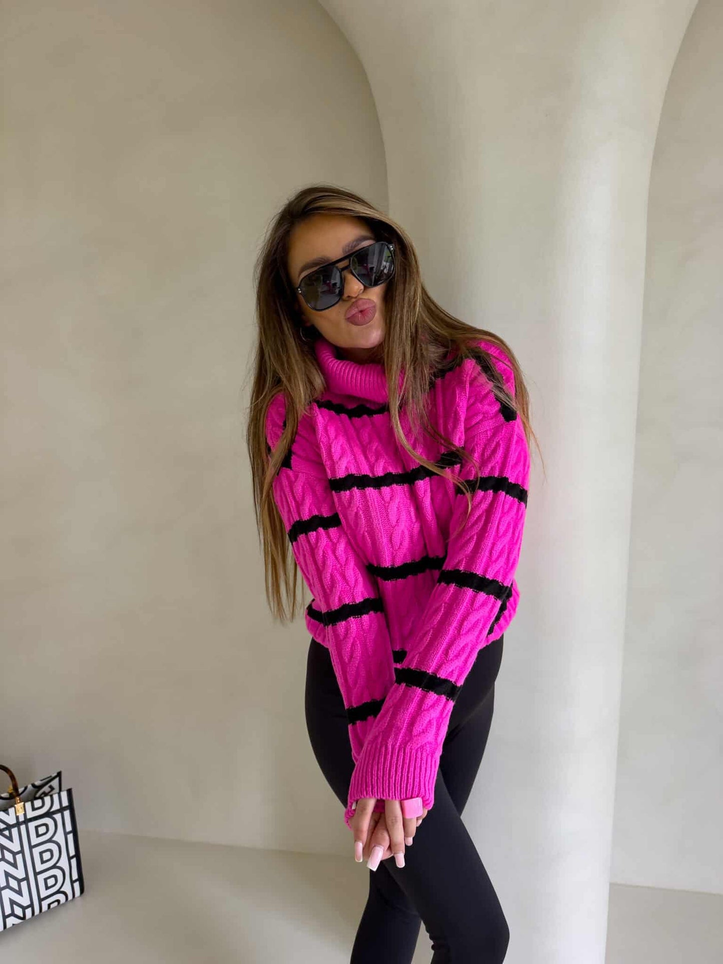 Rollkragenpullover INKO Streifen- Pink