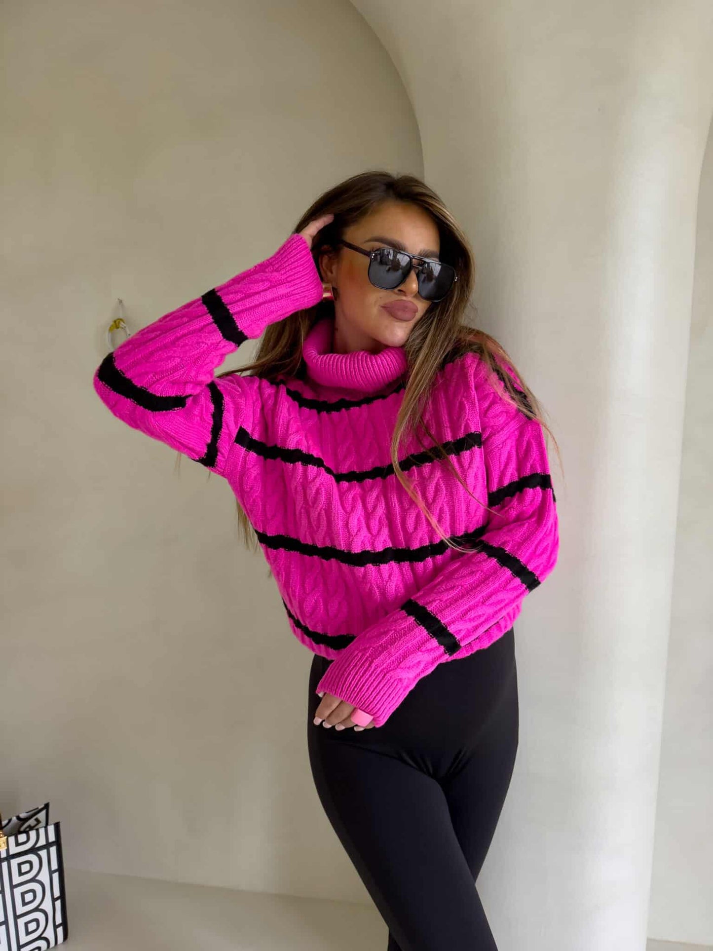 Rollkragenpullover INKO Streifen- Pink