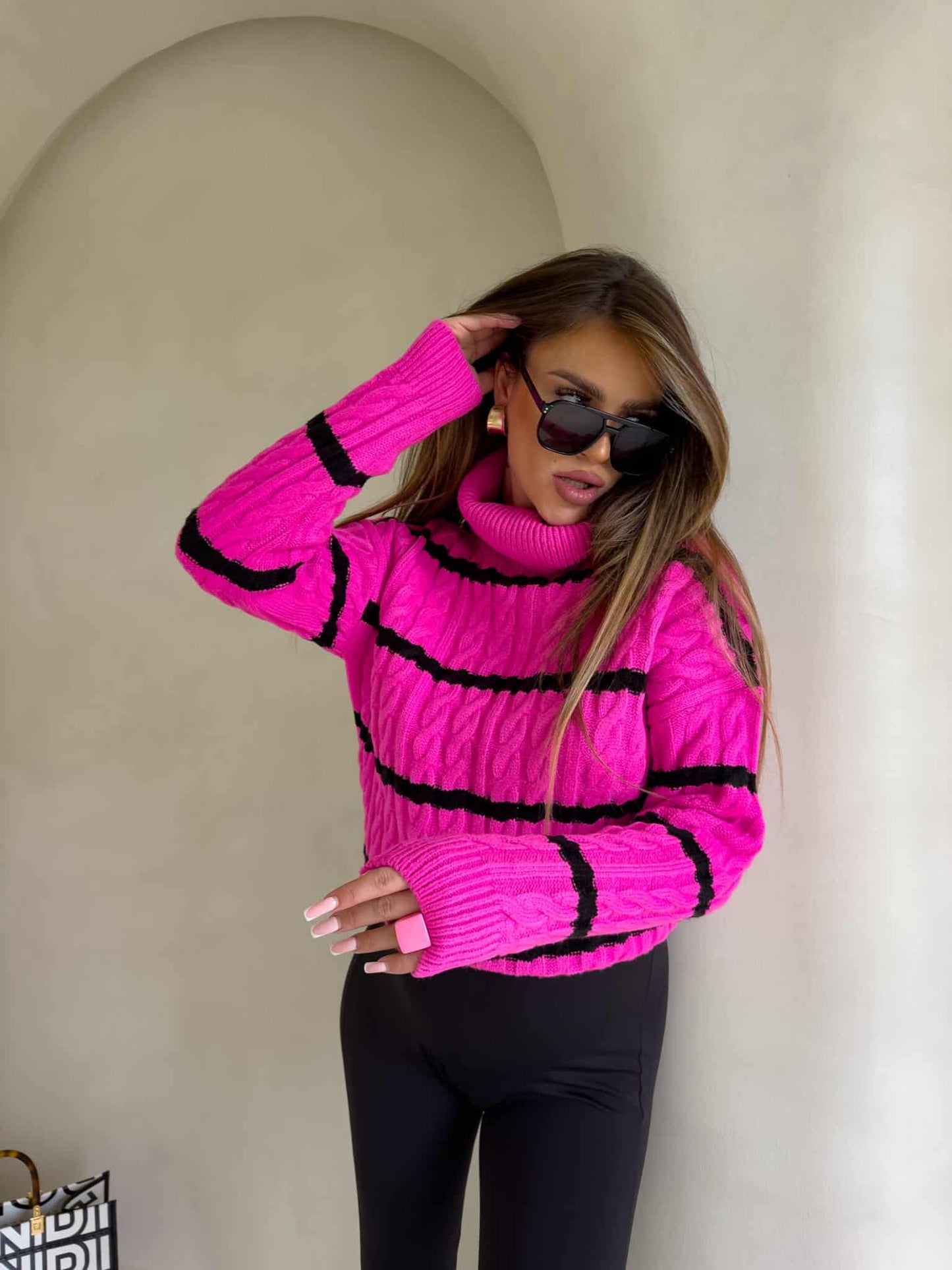 Rollkragenpullover INKO Streifen- Pink