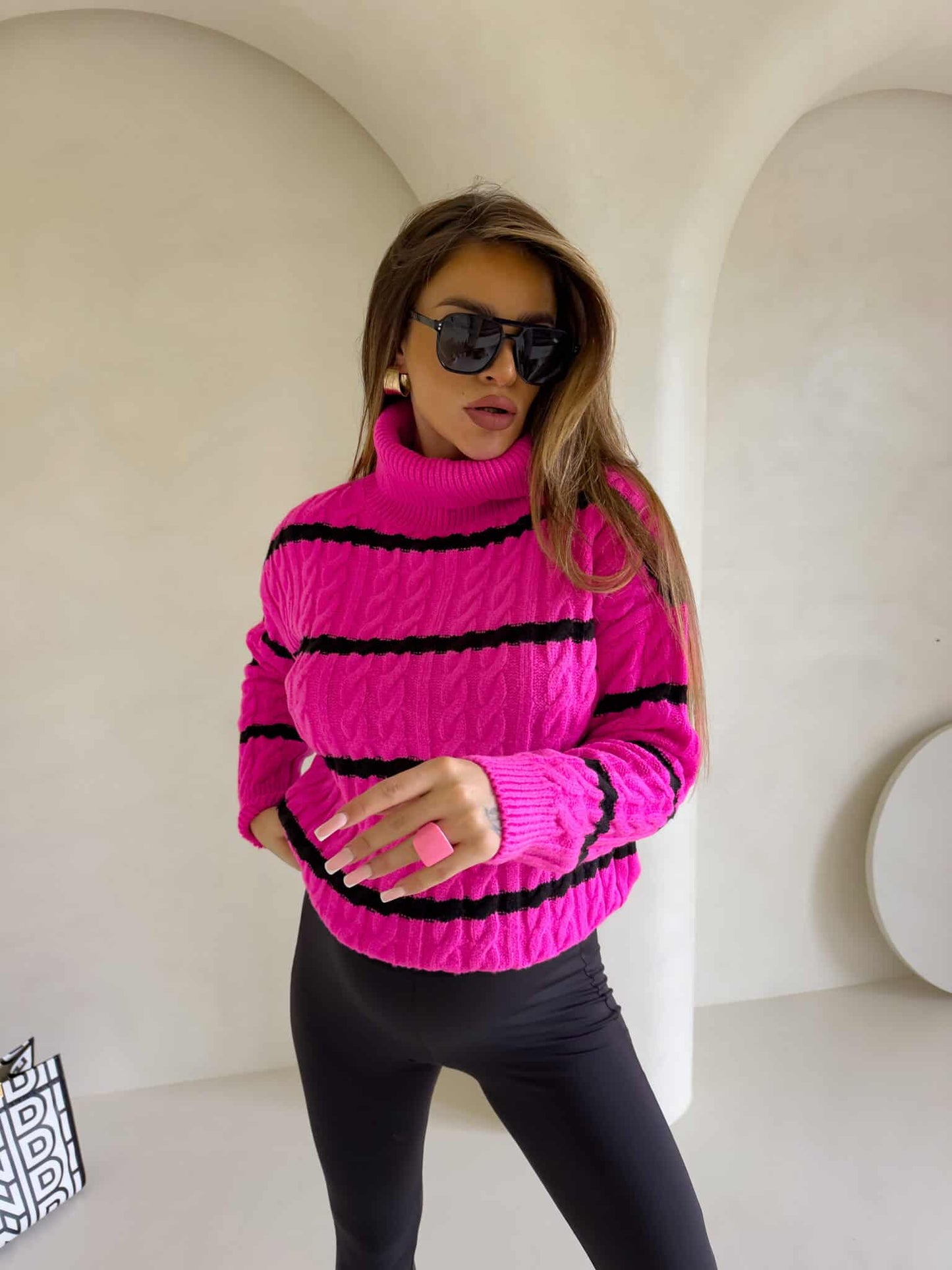Rollkragenpullover INKO Streifen- Pink