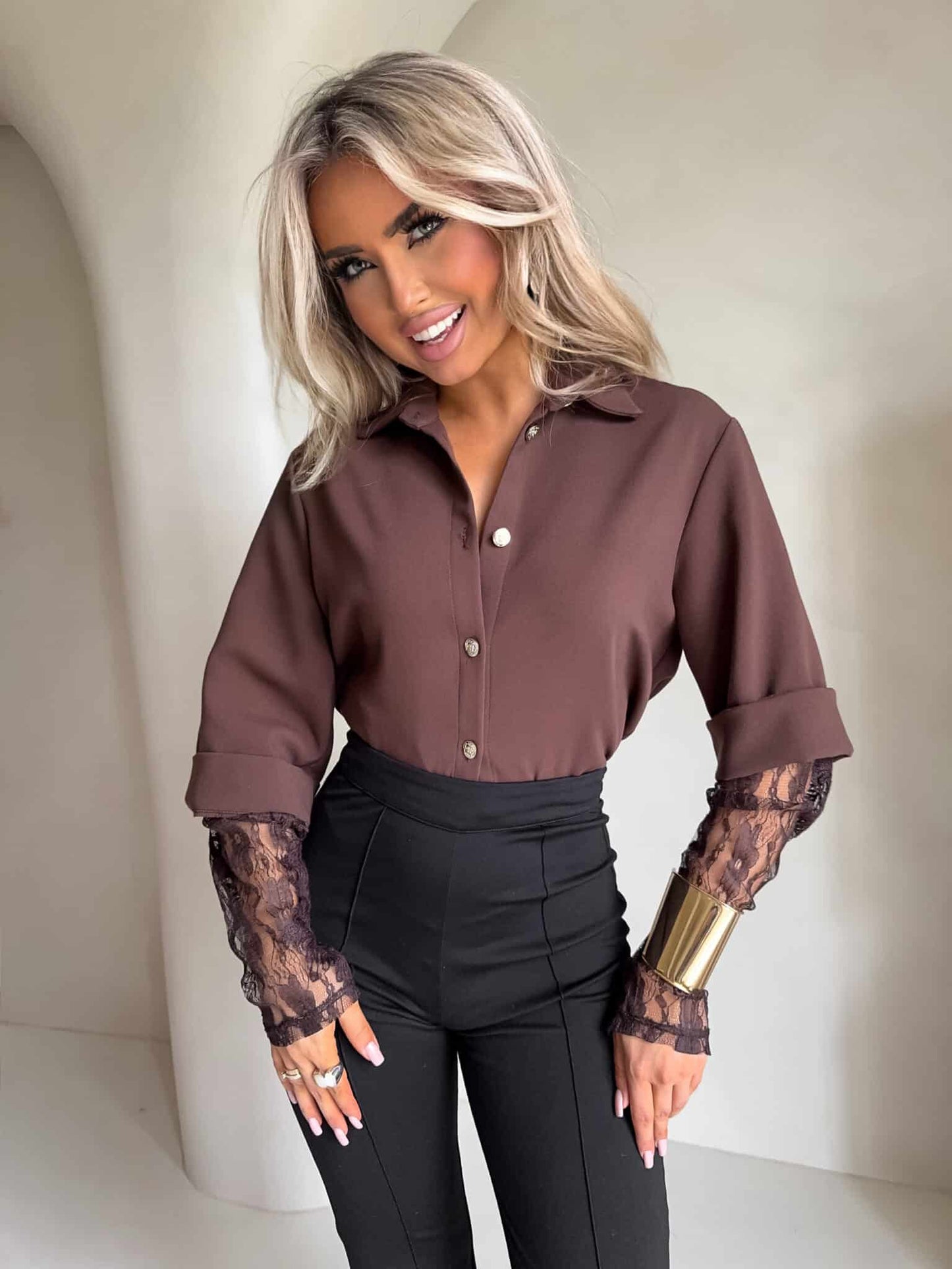 Damenbluse ÄRMELSPITZE - SCHOKOBRAUN