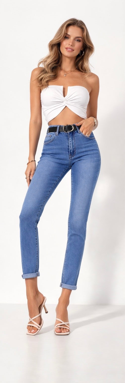 Damen High Waist Jeans Slim Fit- Mittelblaue Stretch Jeans