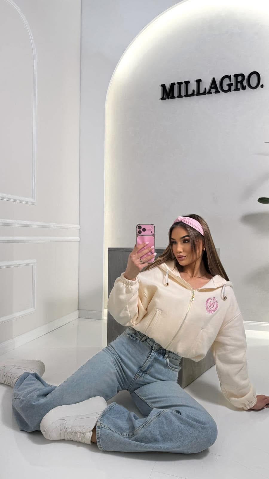 Sweatshirt Millagro mit Reisverschluss und Kapuze | Creme- Pink