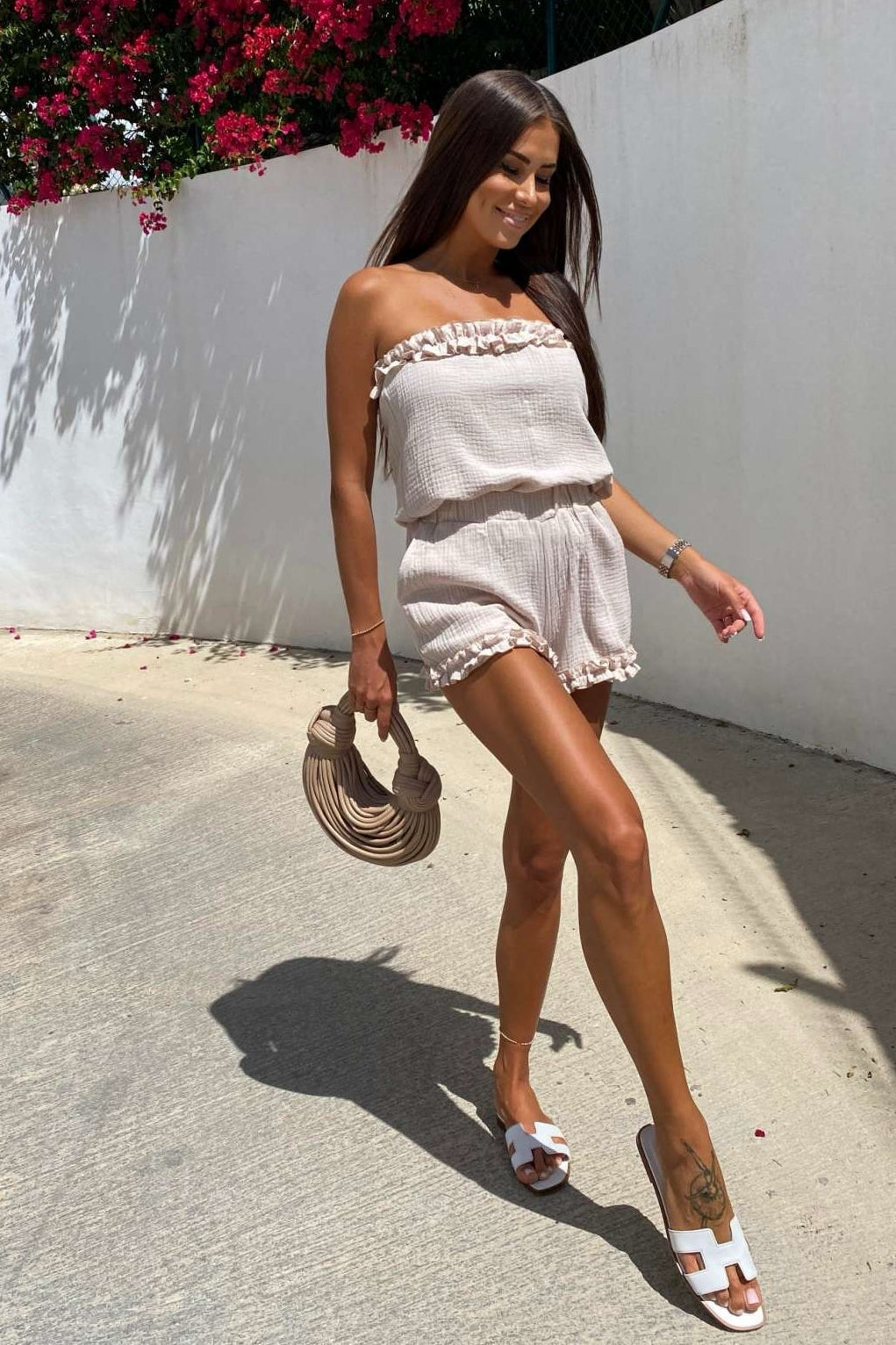 Zweiteiler aus Musselin mit Shorts- beige