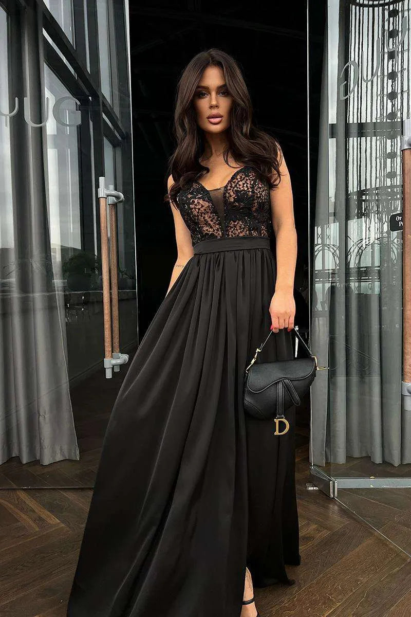 Maxikleid mit Satin- Rock Schwarz Größe 40