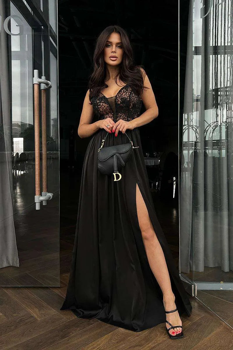 Maxikleid mit Satin- Rock Schwarz Größe 40