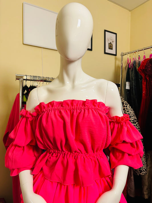 Off- Schoulder Damenbluse Neon- Pink