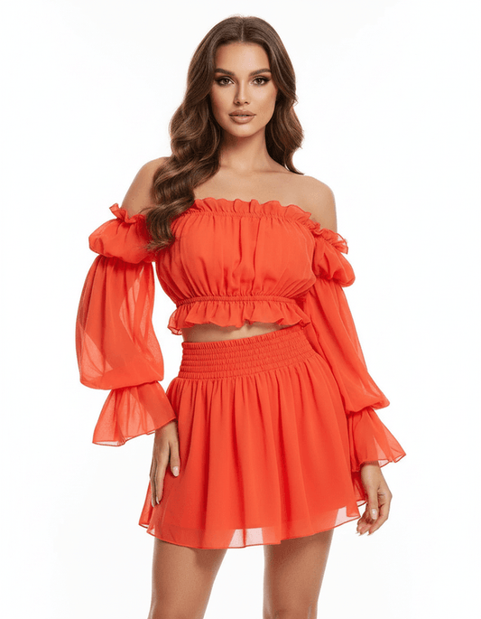 Off- Schoulder Damenbluse Lalu Orange Chiffon🍊